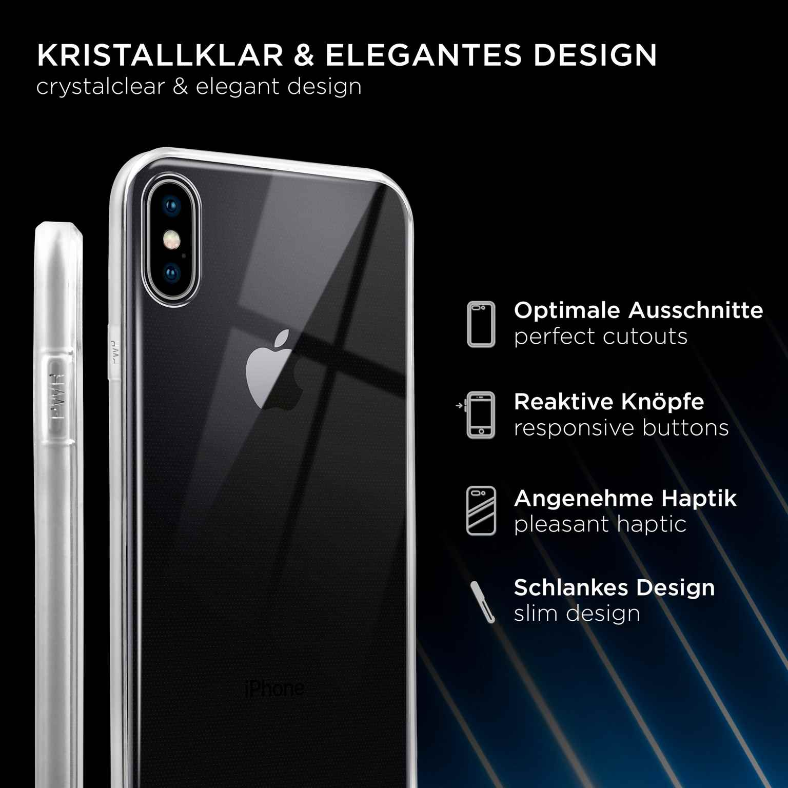 Eine transparente Handyhülle mit einem iPhone darin. Die Hülle hat Aussparungen und Knöpfe. Sie liegt auf einer dunklen Oberfläche.