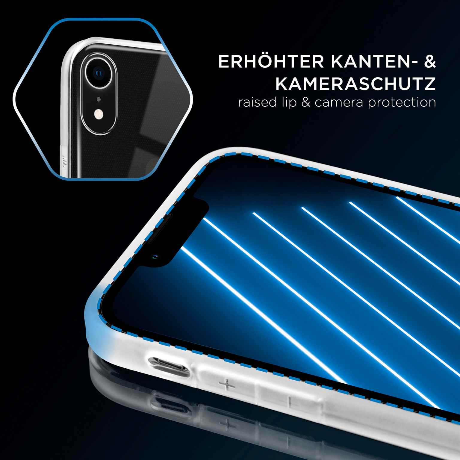 Handyhülle mit Telefon darin. Nahaufnahme der Telefonkante, zeigt die Kamera.