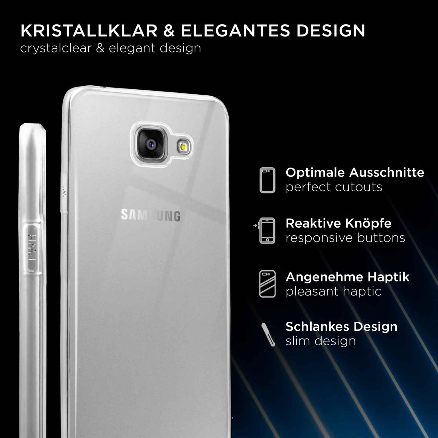 Transparente Handyhülle auf weißem Hintergrund. Merkmale: perfekte Aussparungen, reaktionsschnelle Tasten, angenehme Haptik, schlankes Design.