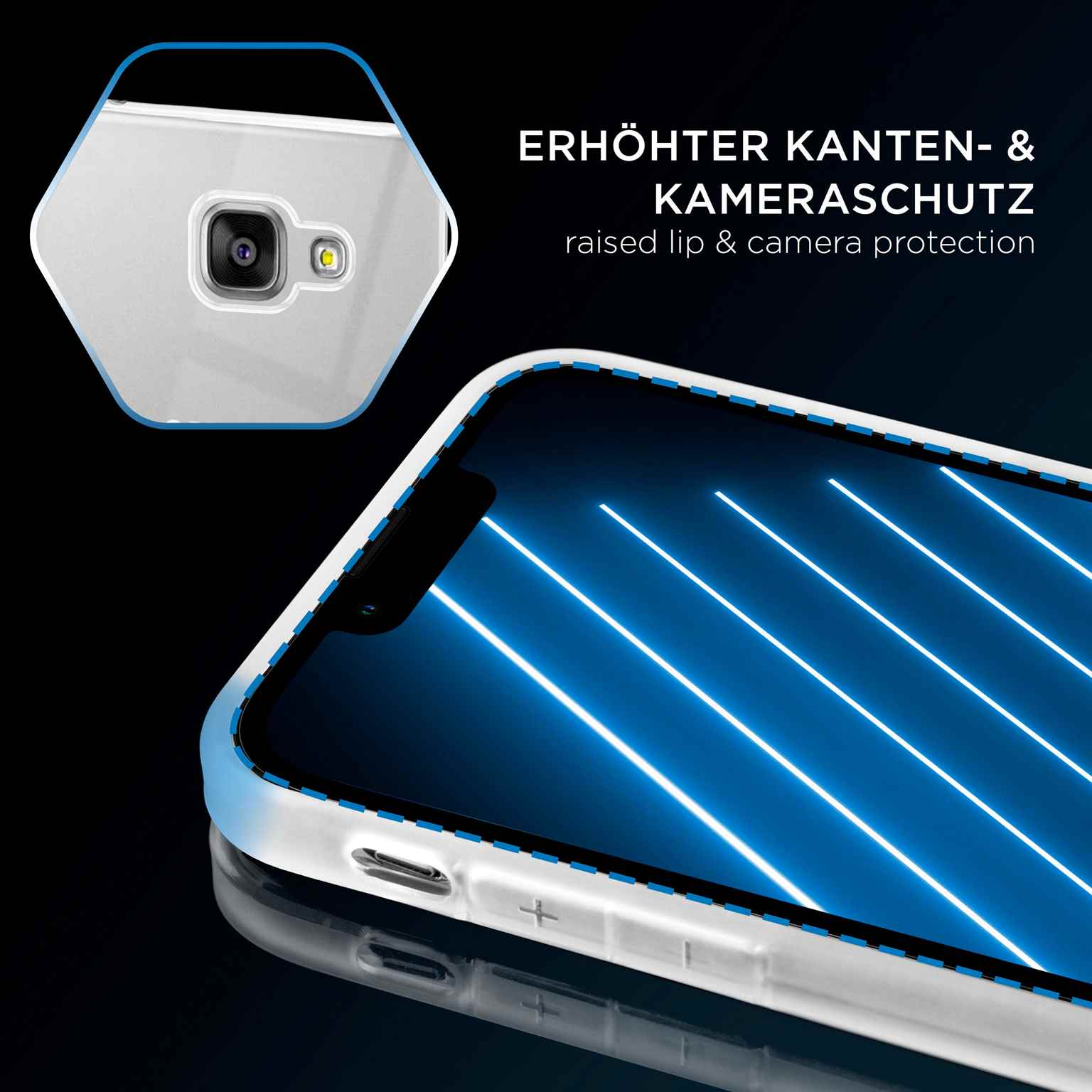 Ein Telefon in einer durchsichtigen Hülle mit erhöhtem Rand. Text: 'ERHÖHTER KANTEN- & KAMERASCHUTZ'.