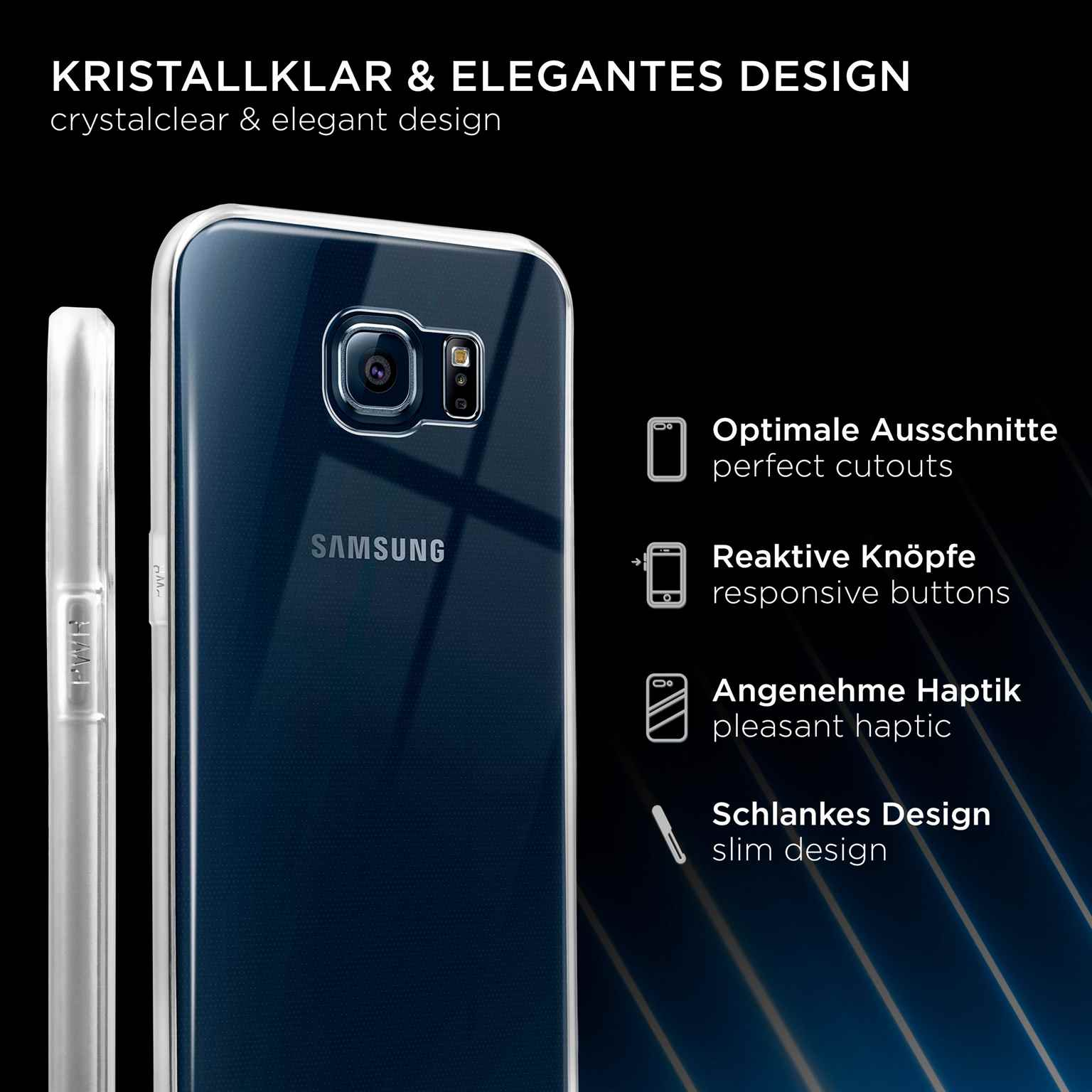 Handyhülle mit Telefon darin. Die Hülle ist durchsichtig mit einem schwarzen Telefon und Samsung-Logo.