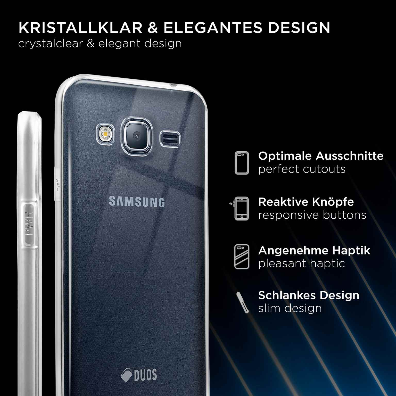 Eine transparente Handyhülle auf einem schwarzen Telefon, mit Text, der Funktionen wie perfekte Aussparungen hervorhebt.