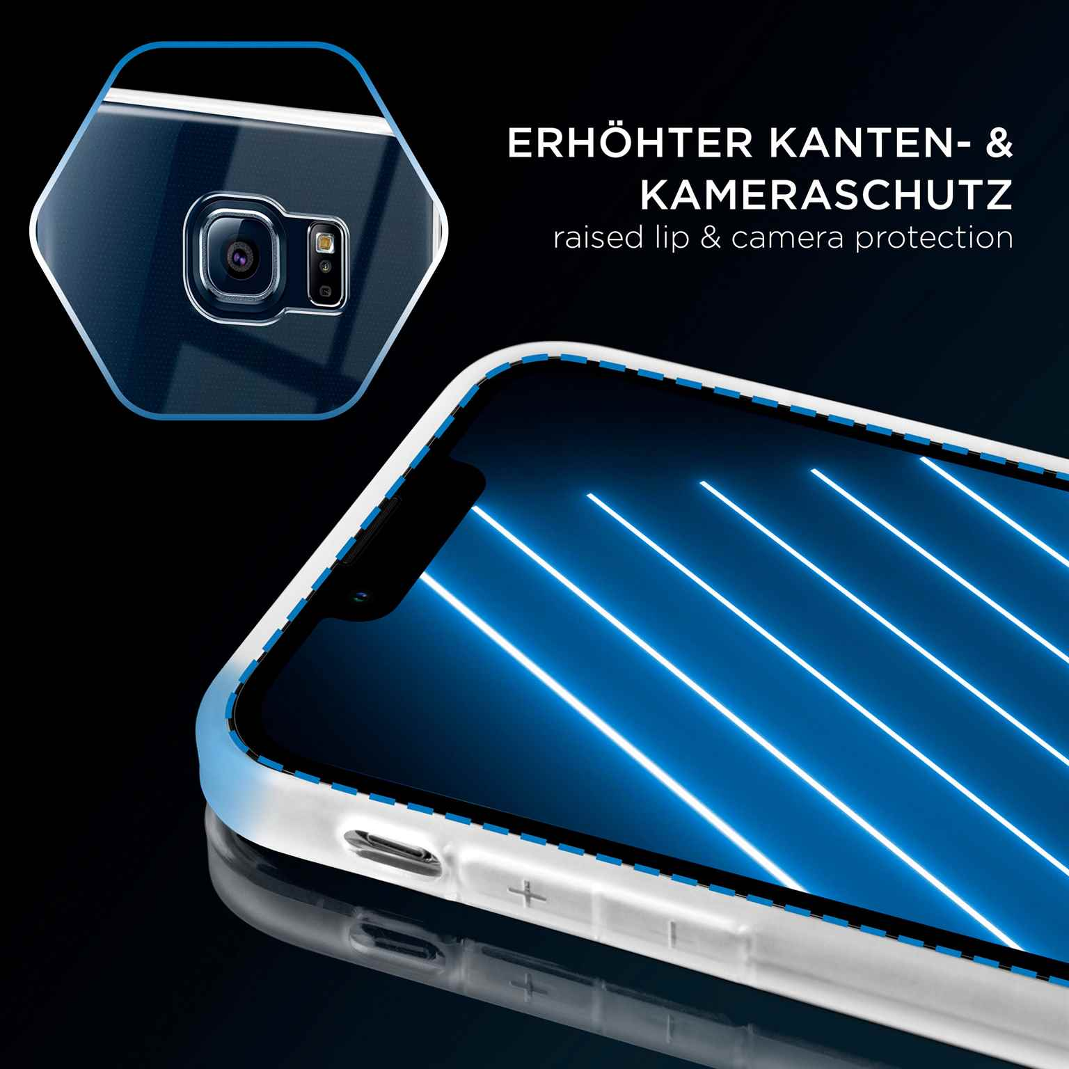 Handyhülle mit Kameraausschnitt und Telefonbildschirm. Blaue und weiße Linien.