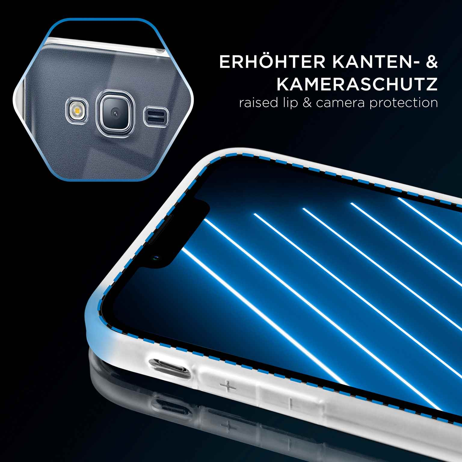 Telefon mit Hülle. Text: erhöhter Kanten- und Kameraschutz. Telefon reflektiert blaue Linien.