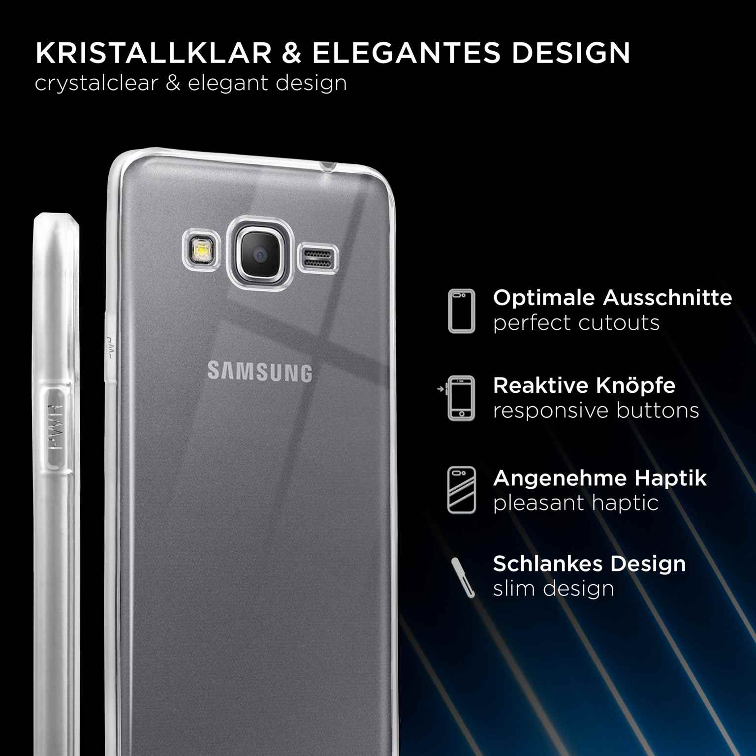Handyhülle mit Samsung Logo. Zeigt Aussparungen für Kamera und Knöpfe. Schlankes Design.