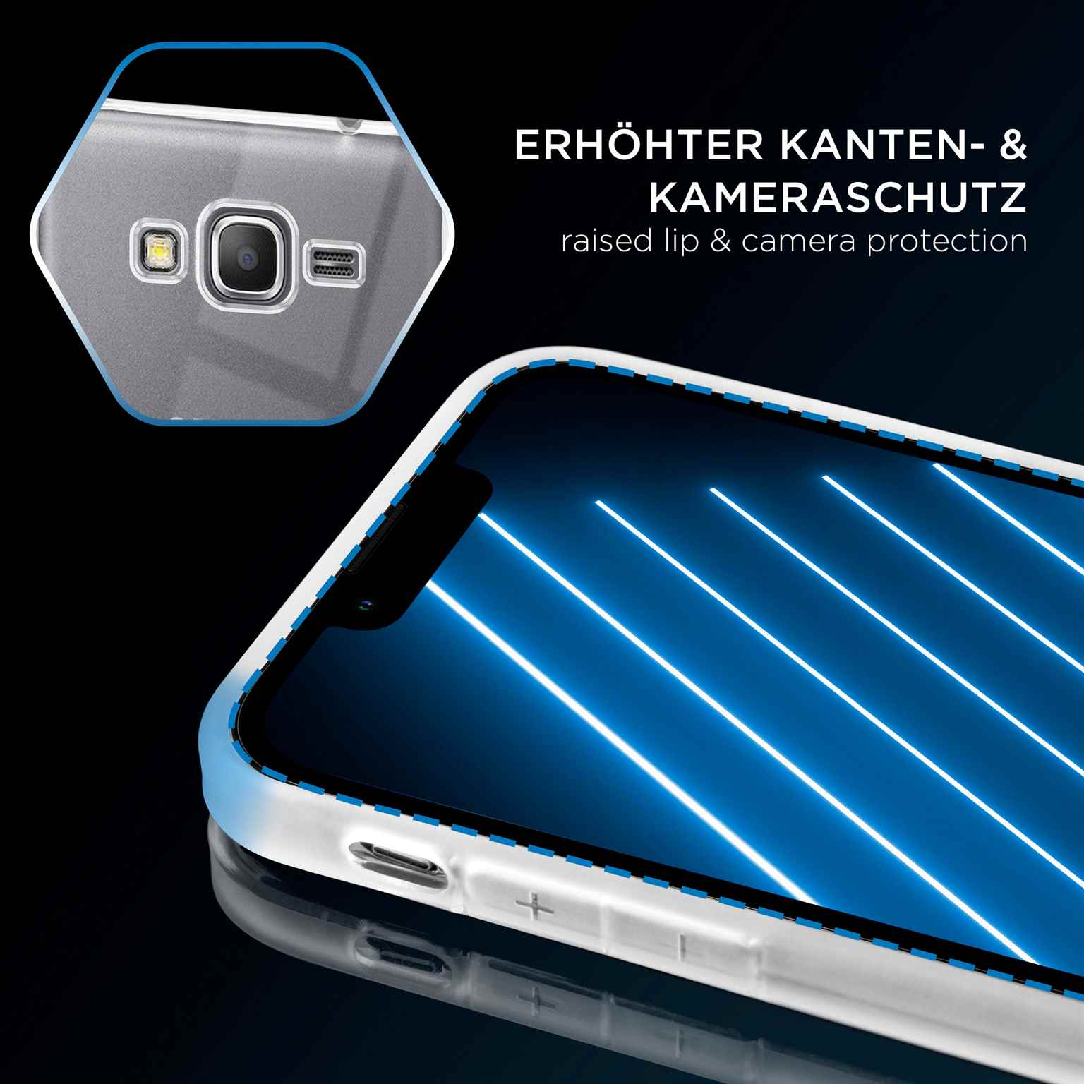 Nahaufnahme einer Handyhülle mit einem Telefon darin. Die Hülle ist transparent mit erhöhtem Rand und Kameraschutz.
