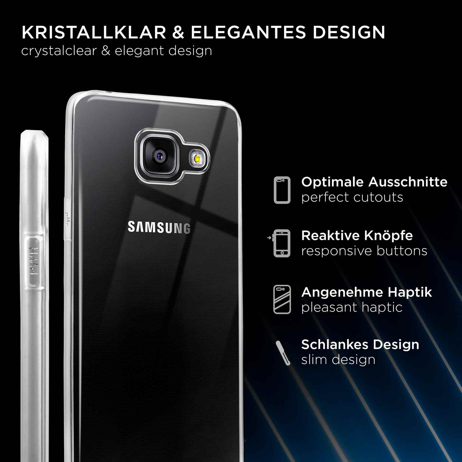 Eine transparente Handyhülle, die ein Telefon zeigt. Der Text hebt das Design und Funktionen wie reaktionsschnelle Tasten hervor.