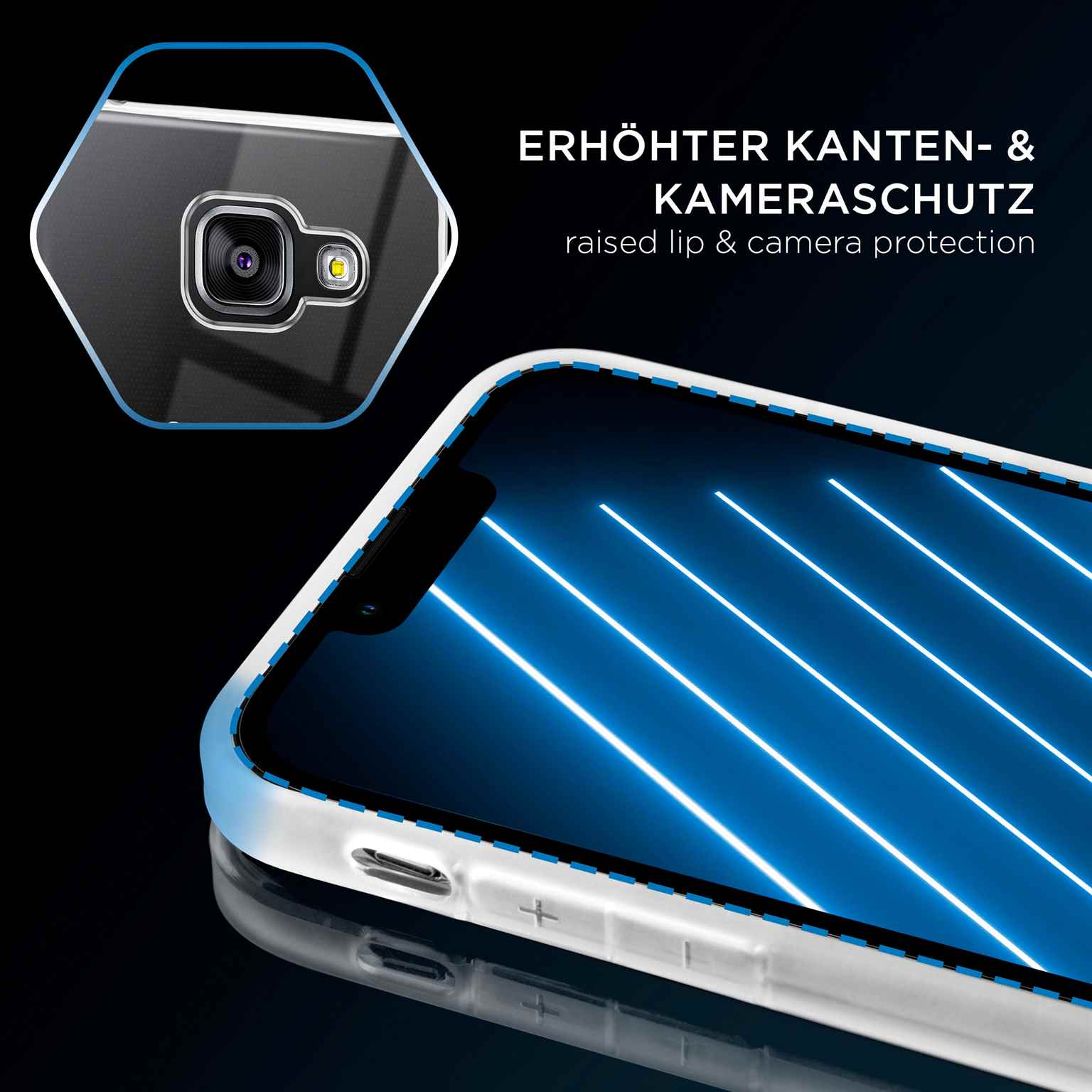 Telefon mit Hülle. Text: erhöhter Kanten- und Kameraschutz. Telefon reflektiert blaue Linien.