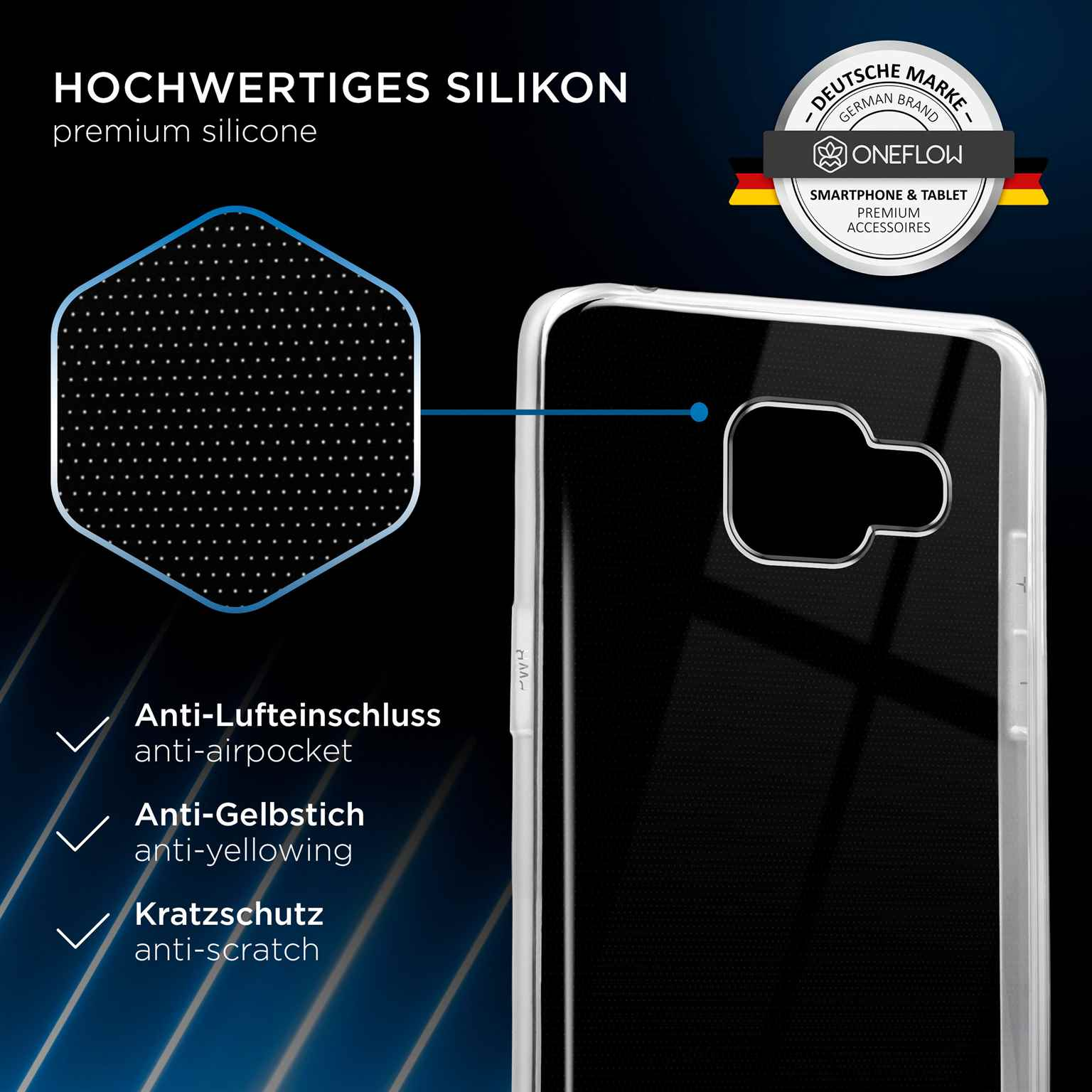 Transparente Handyhülle mit gummibeschichtetem schwarzem Muster und Text. Dunkler Hintergrund.