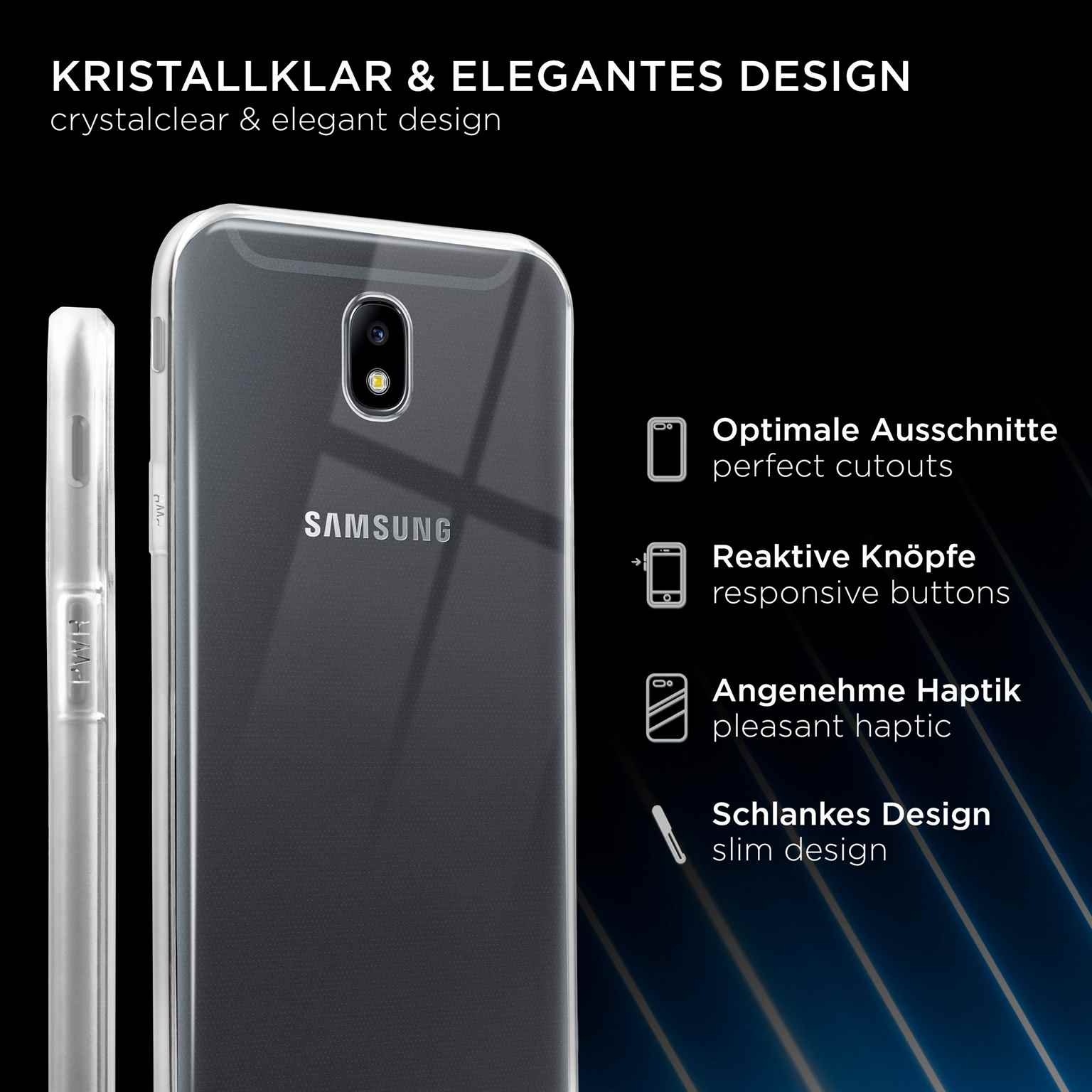 Ein Telefon mit klarer Hülle. Text: Kristallklares & elegantes Design. Funktionen: perfekte Aussparungen.