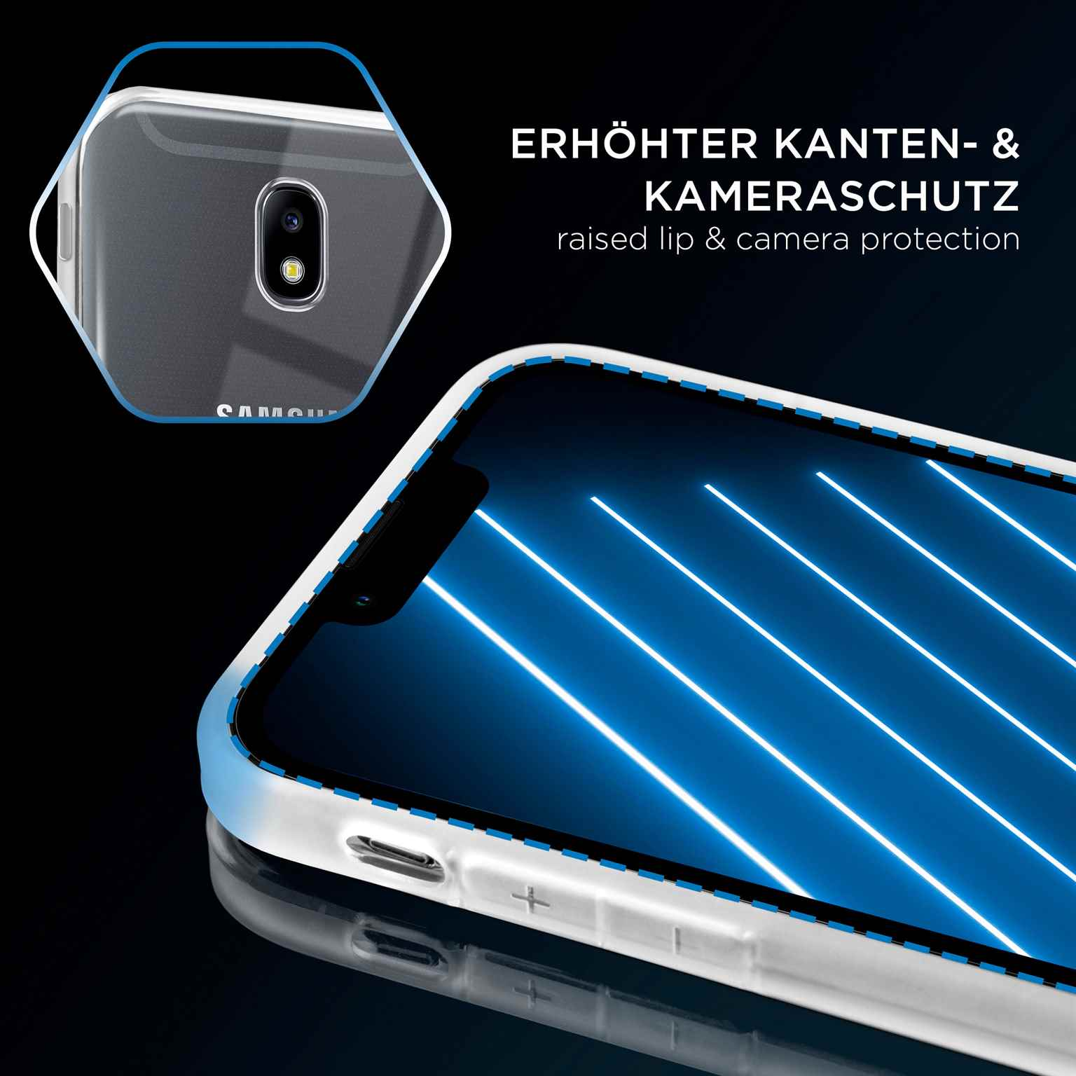 Ein Telefon in einer transparenten Hülle mit blauem leuchtendem Liniendesign auf dem Bildschirm.
