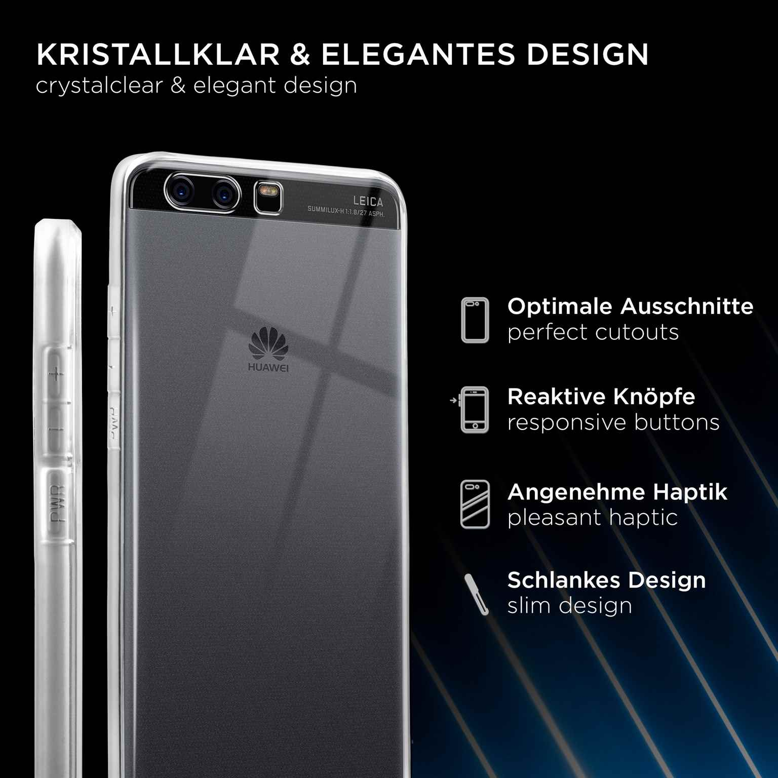 Ein Telefon in einer klaren Hülle. Text: Kristallklares & elegantes Design. Merkmale: Aussparungen, Tasten, Haptik.