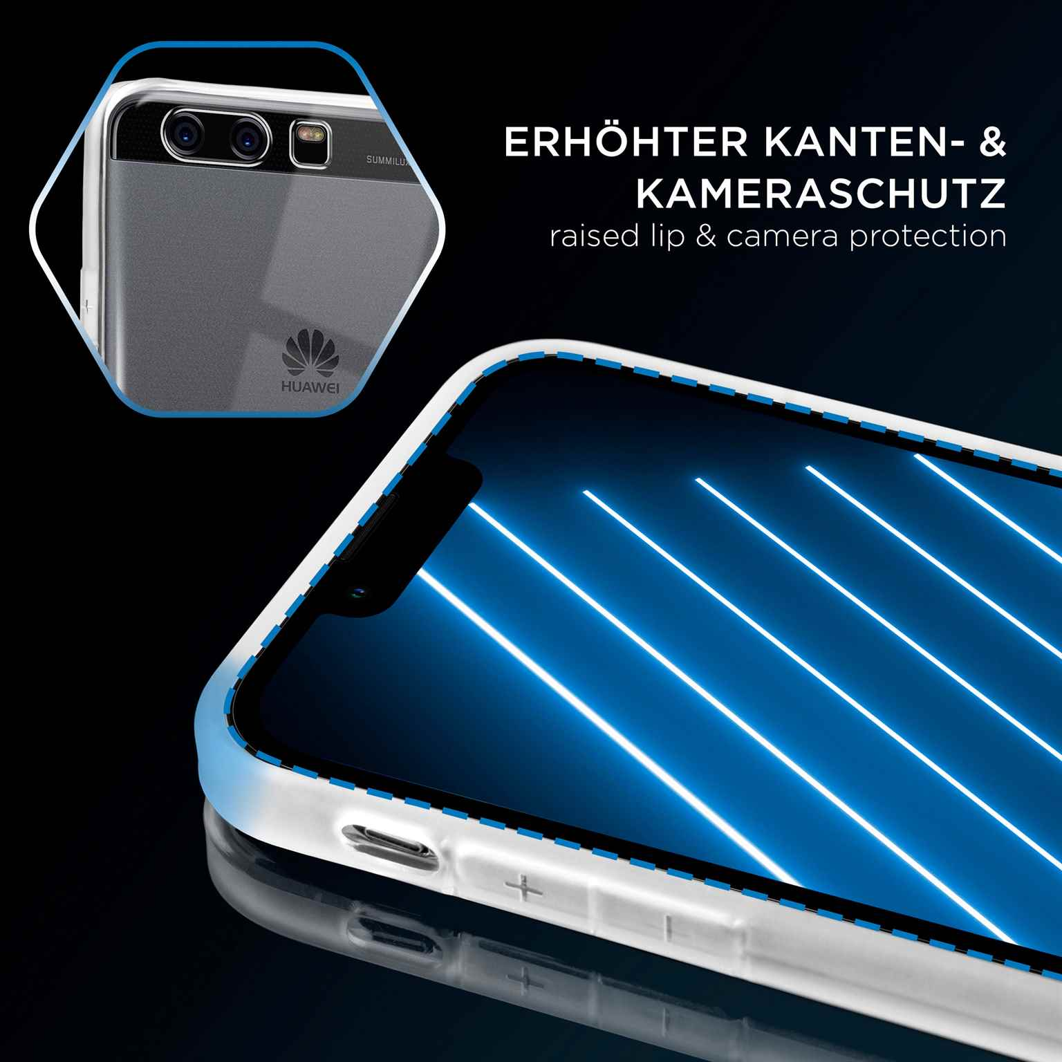 Handyhülle mit erhöhter Lippe und Kameraschutz. Der Telefonbildschirm zeigt blaue Linien.