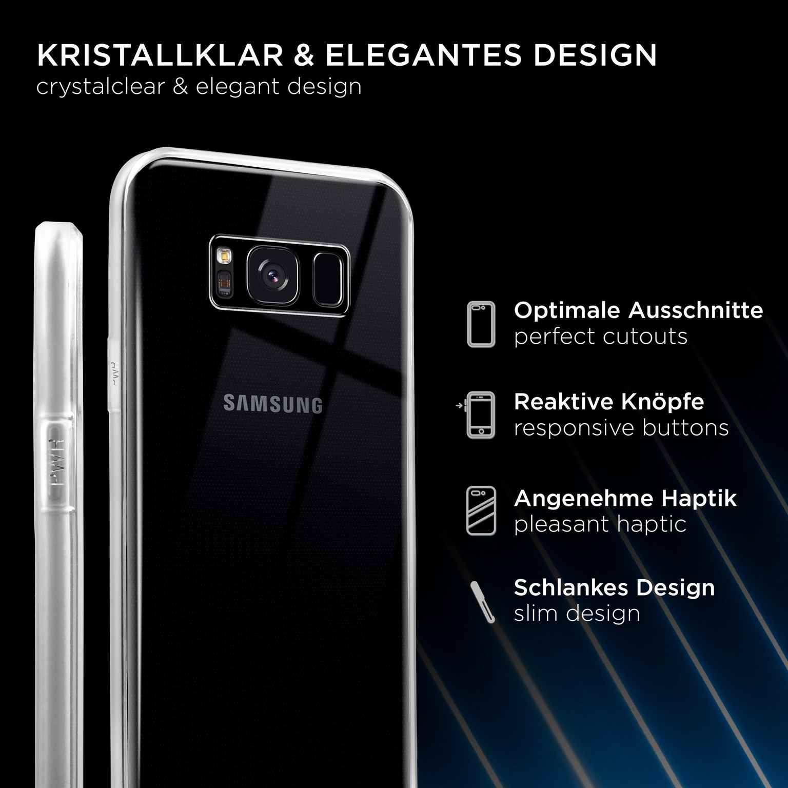 Nahaufnahme eines Telefons mit einer transparenten Hülle. Text beschreibt perfekte Aussparungen, reaktionsschnelle Tasten und Design.