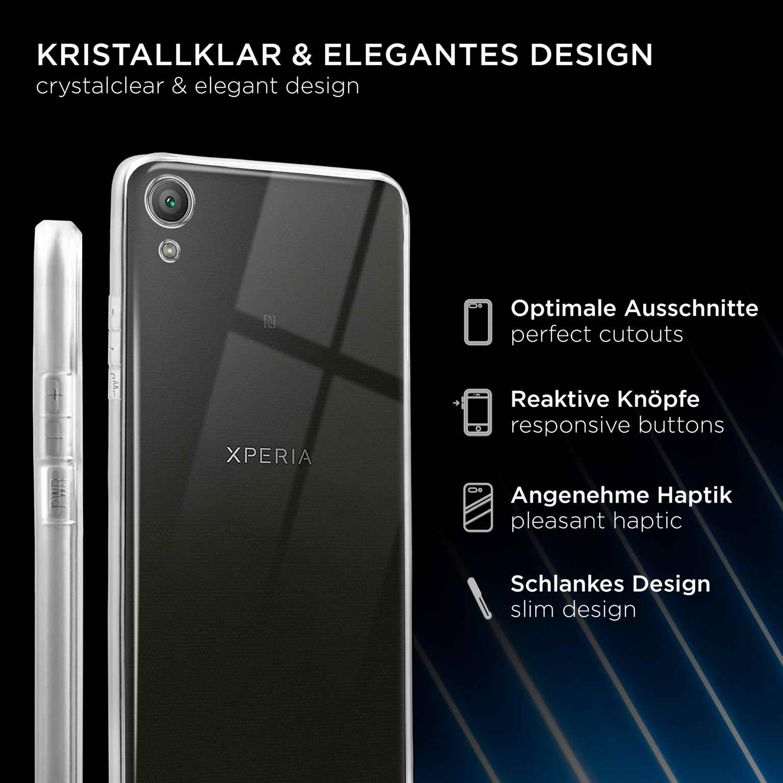 Transparente Handyhülle auf einem Telefon. Text: schlankes Design, reaktionsschnelle Tasten.