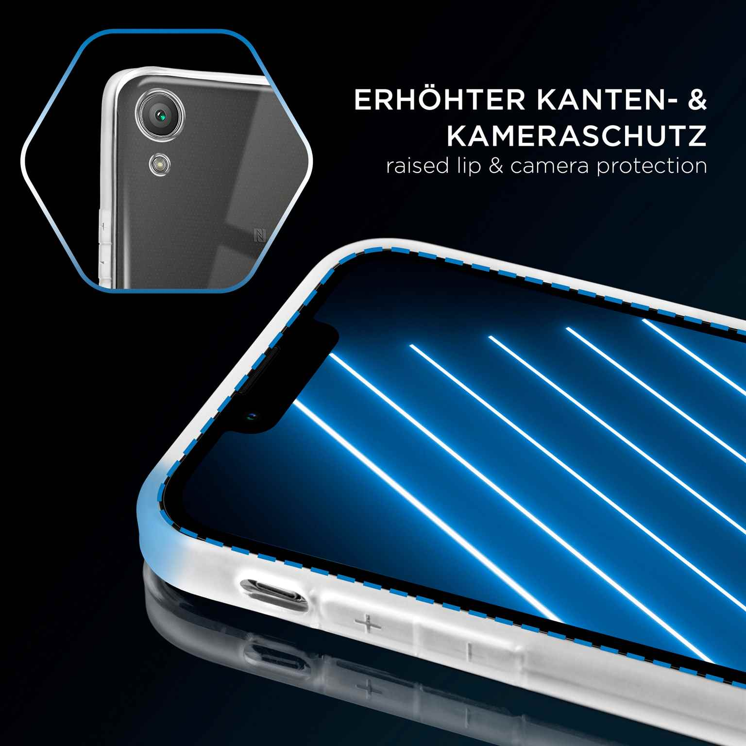 Handyhülle mit erhöhtem Rand & Kameraschutz. Das Telefon hat blaue Linien.