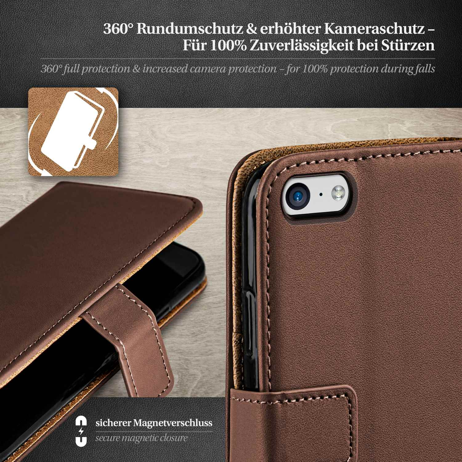 Eine braune Leder-Handyhülle mit Magnetverschluss. Nahaufnahme.