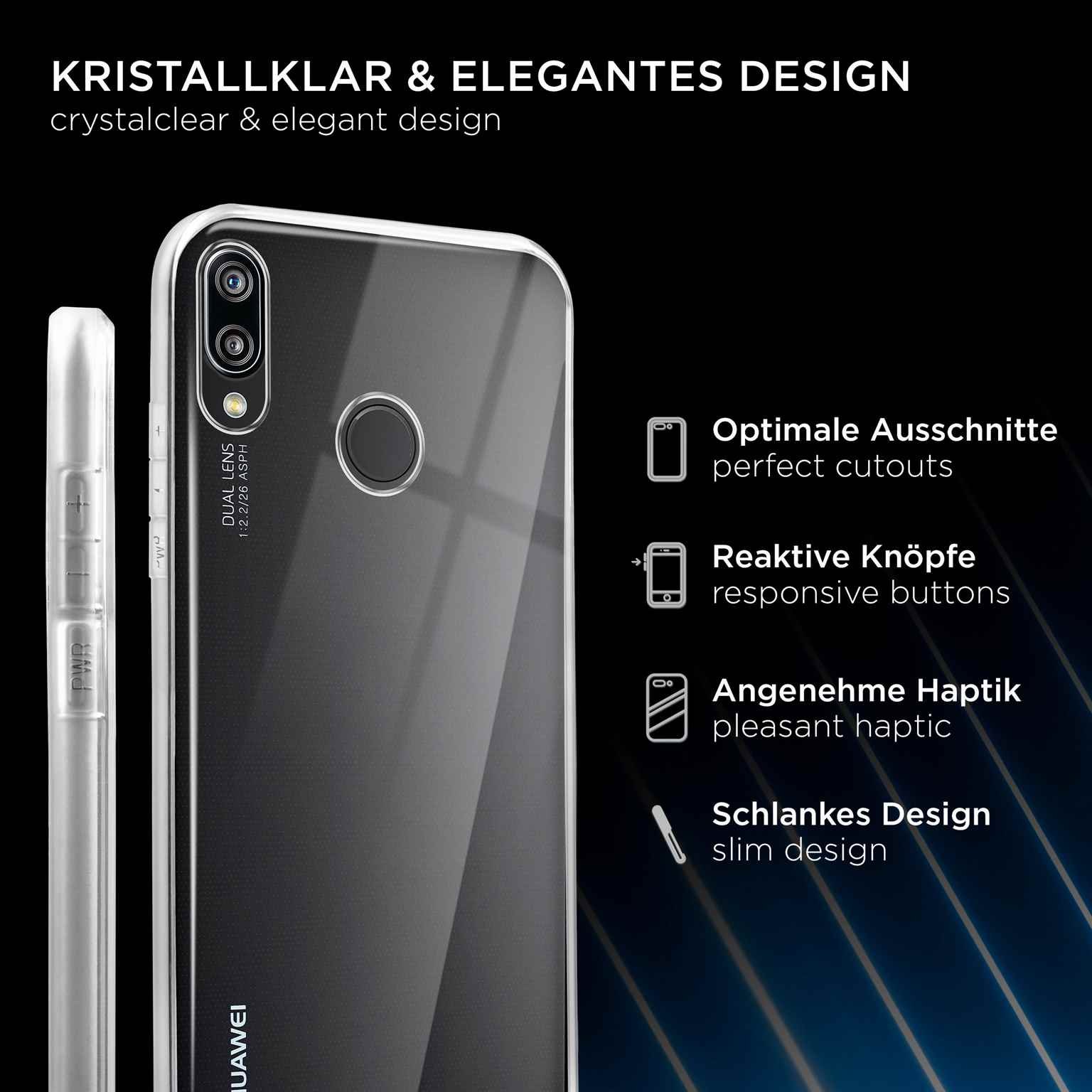 Eine transparente Handyhülle mit einem Telefon darin. Nahaufnahme der Handykamera, mit Text zu Designmerkmalen.