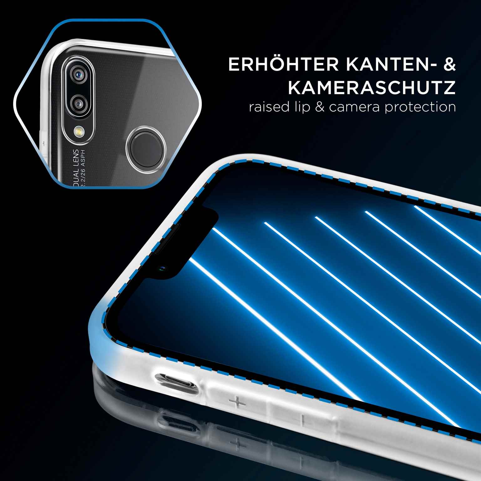 Handyhülle mit erhöhtem Rand und Kameraschutz. Blauer und weißer Hintergrund.
