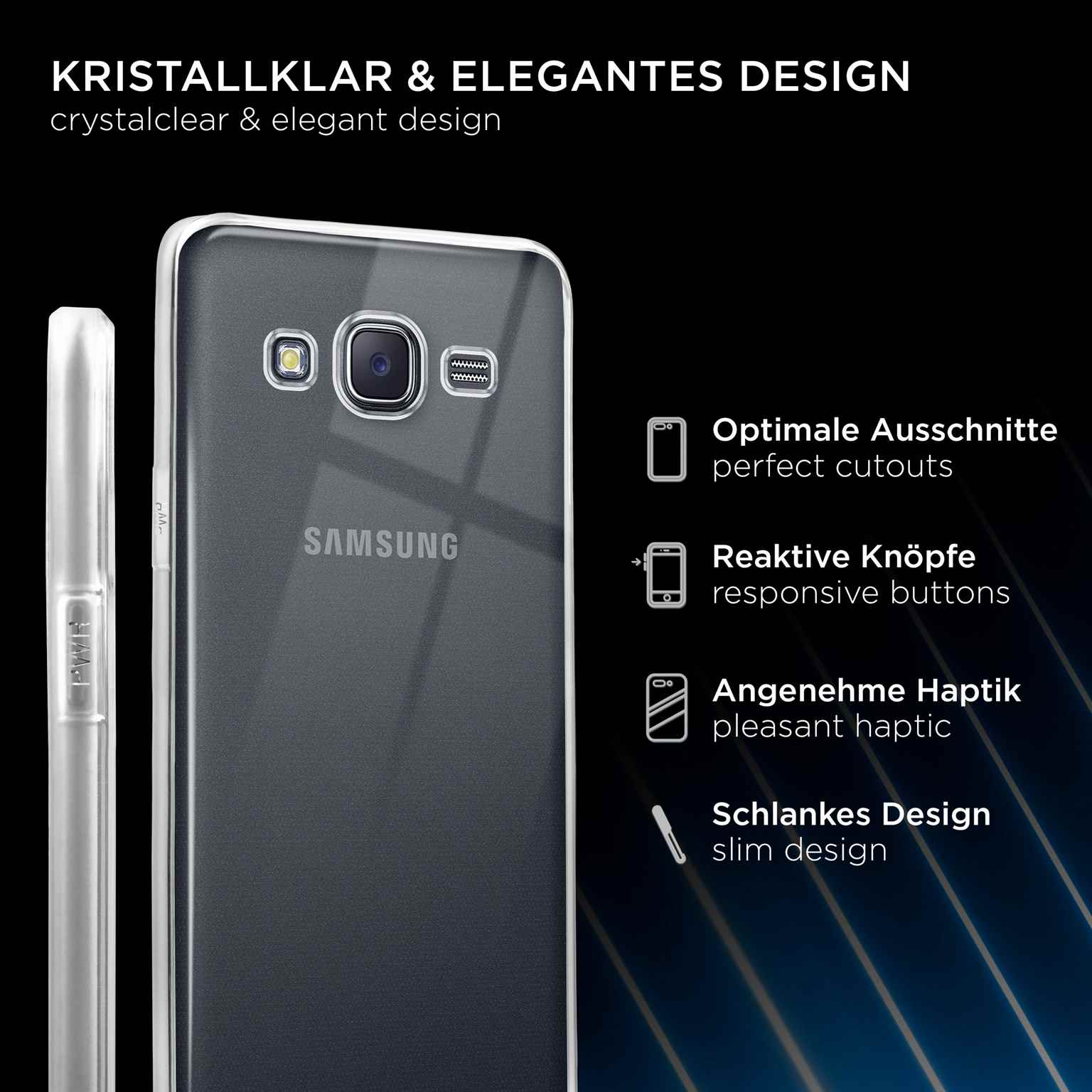 Samsung-Handy in klarer Hülle. Hülle hebt die Funktionen des Telefons hervor.
