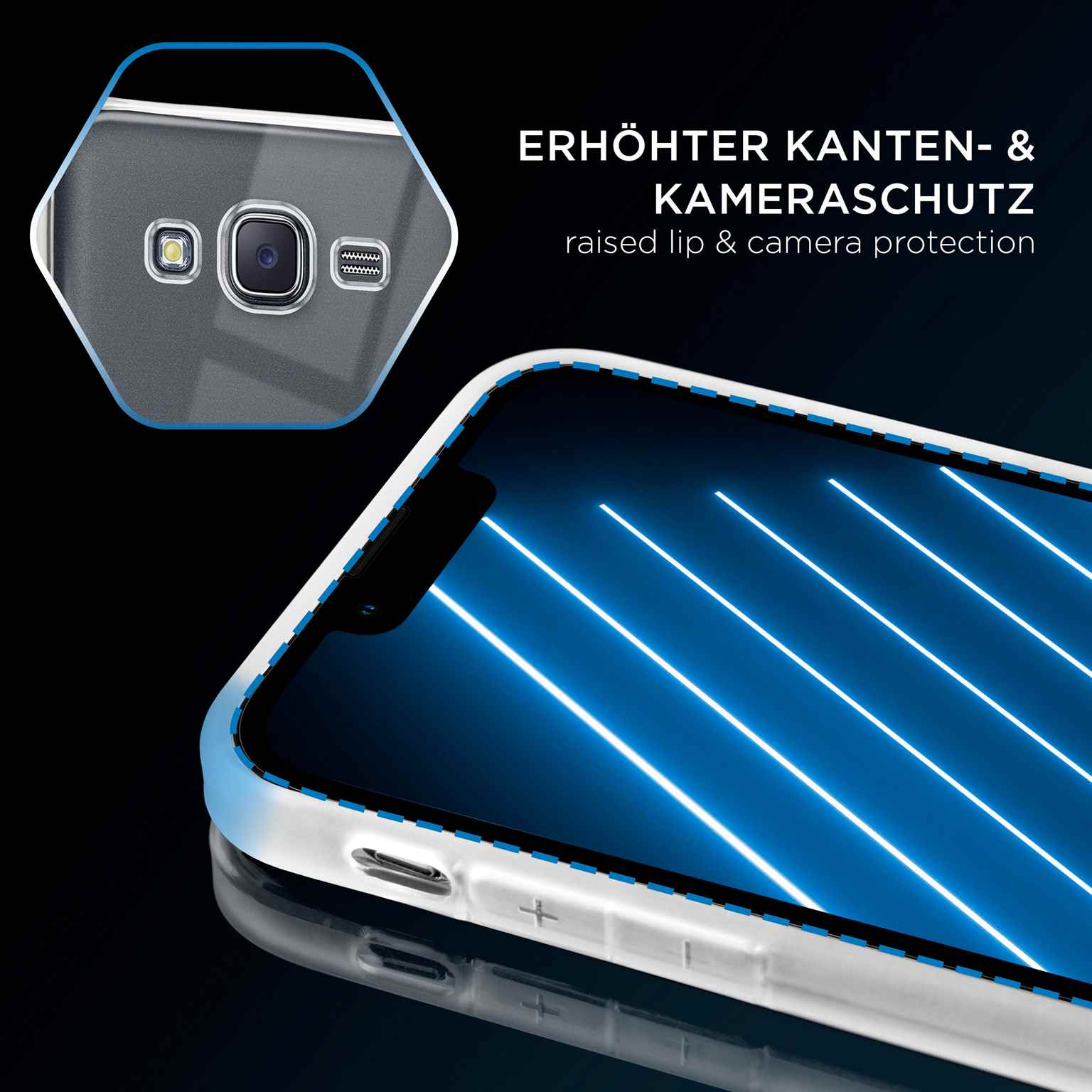 Eine Handyhülle zeigt ein Telefon. Das Telefon hat einen blauen Bildschirm. Die Hülle hat eine Kameraöffnung.