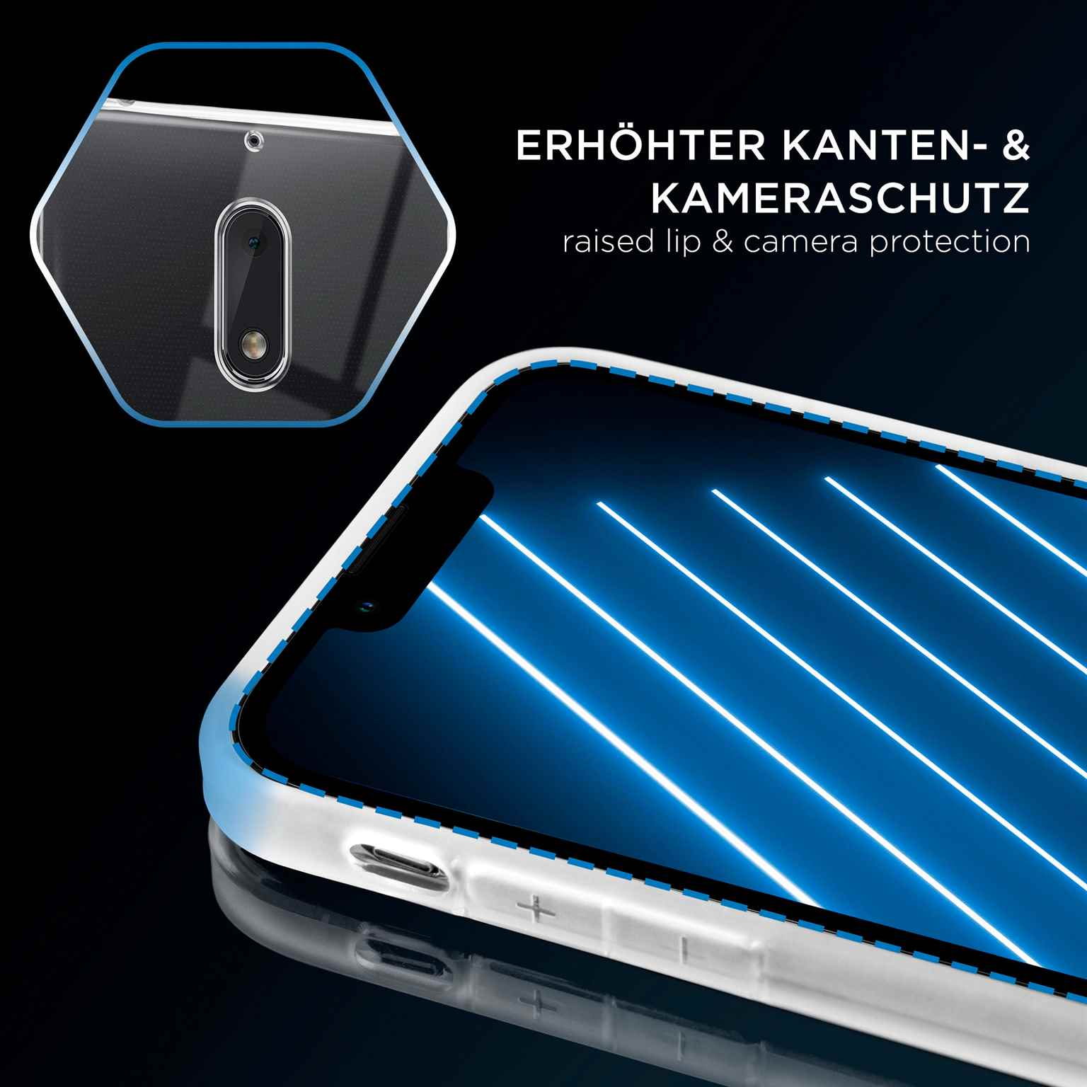 Transparente Handyhülle mit blauen Linien auf dem Bildschirm. Erhöhte Kanten für Kameraschutz. Dunkler Hintergrund.