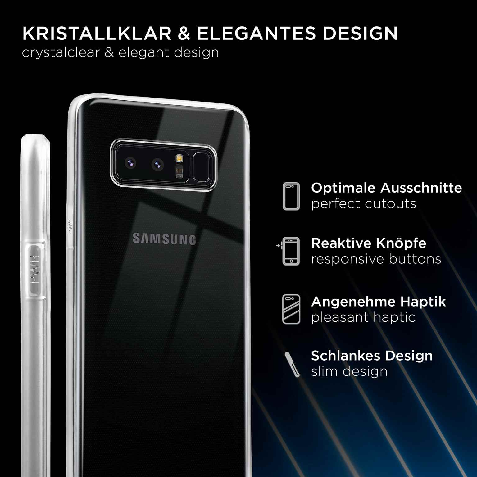 Eine transparente Handyhülle mit Telefon. Merkmale: perfekte Aussparungen, reaktionsschnelle Tasten, angenehme Haptik.