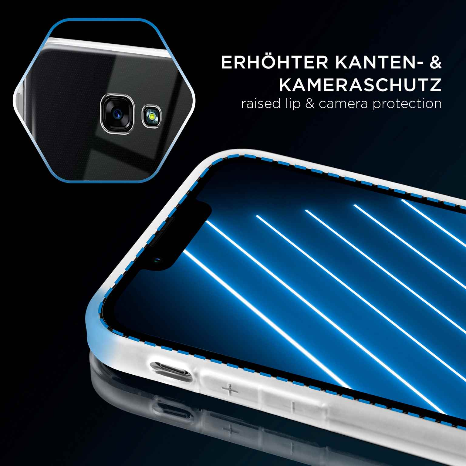 Transparente Handyhülle mit Kamera- und Bildschirmschutz. Mit blauen Linien.