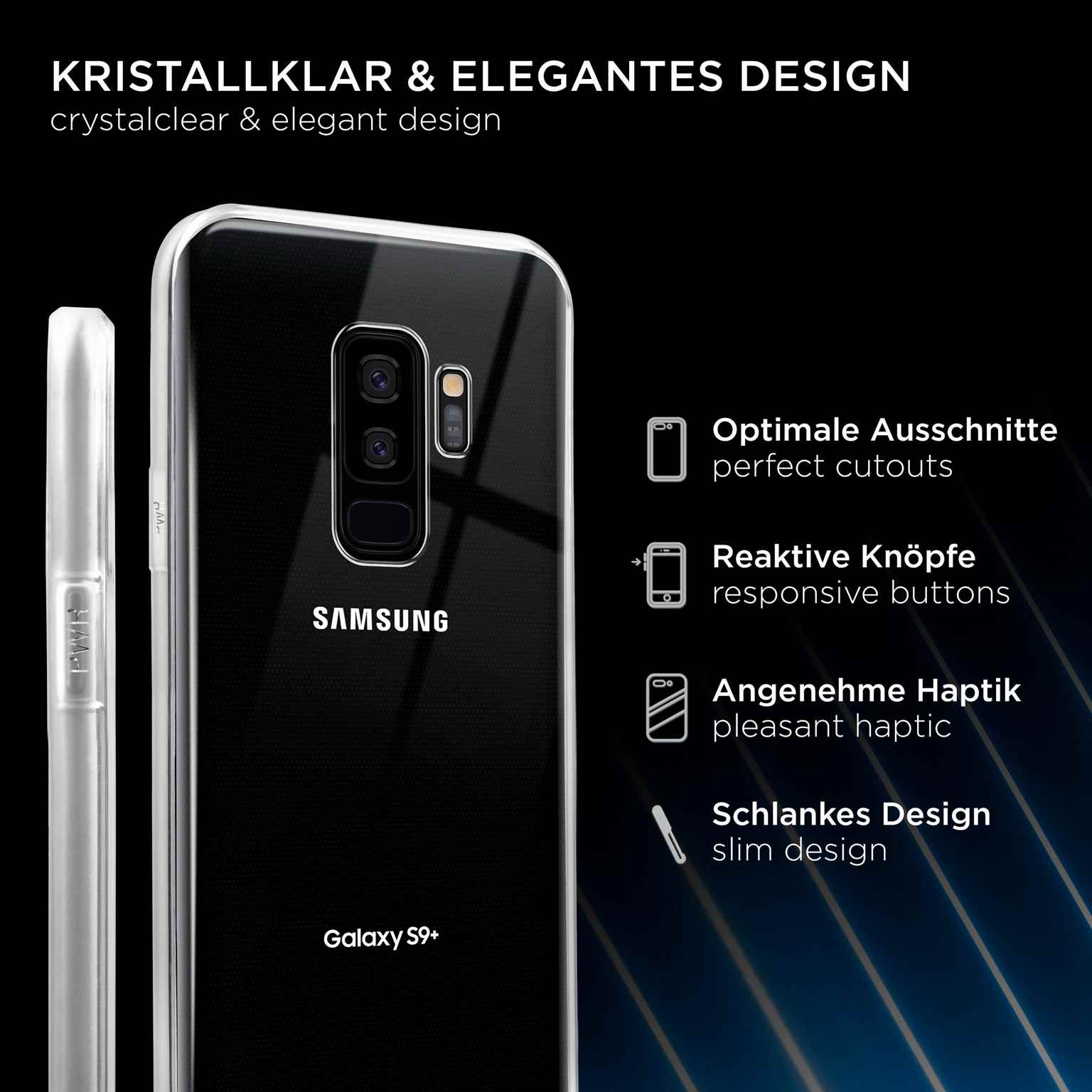Transparente Handyhülle mit Telefon, Ausschnitten und reaktionsschnellen Tasten.
