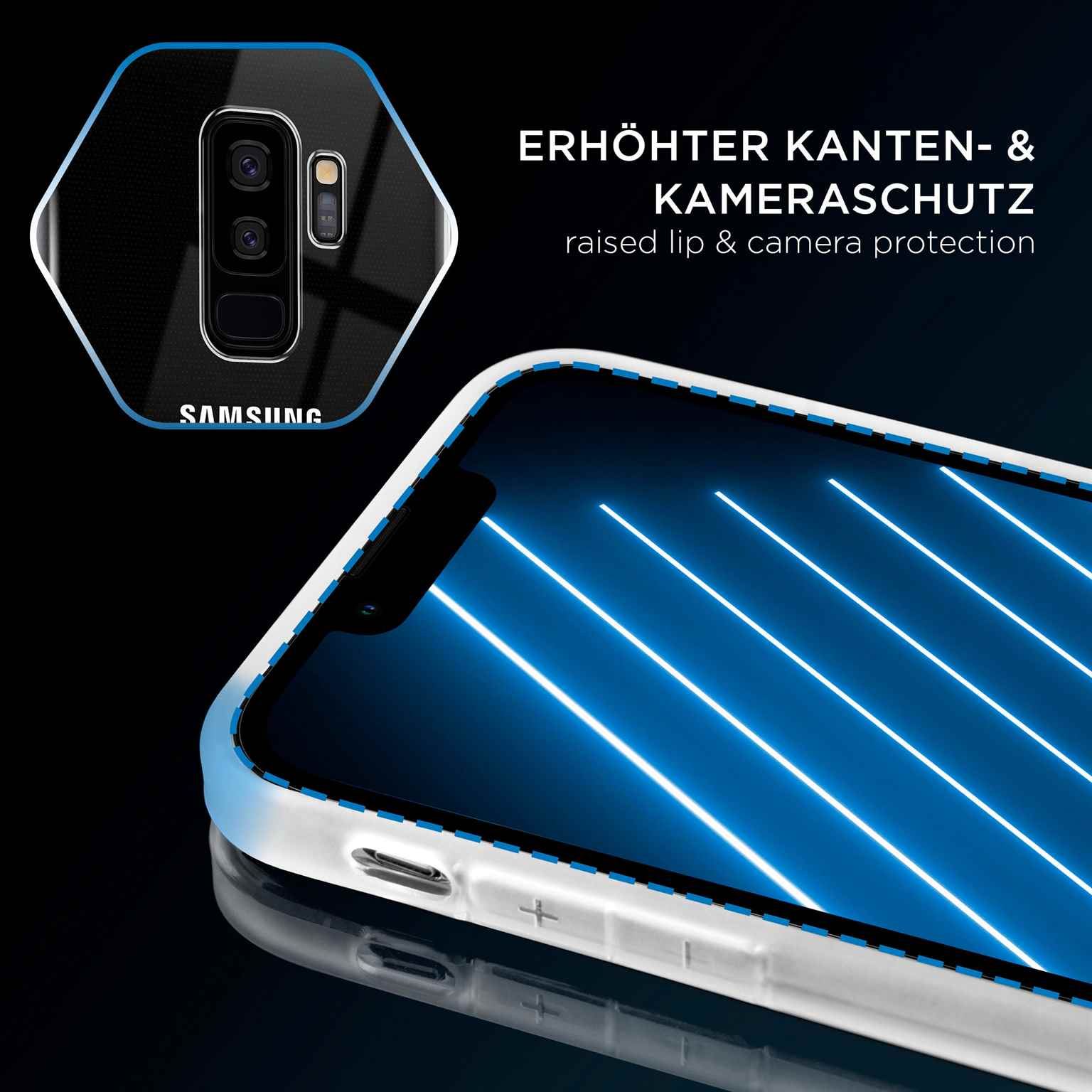 Handyhülle mit Telefon, zeigt erhöhten Kanten- und Kameraschutz.