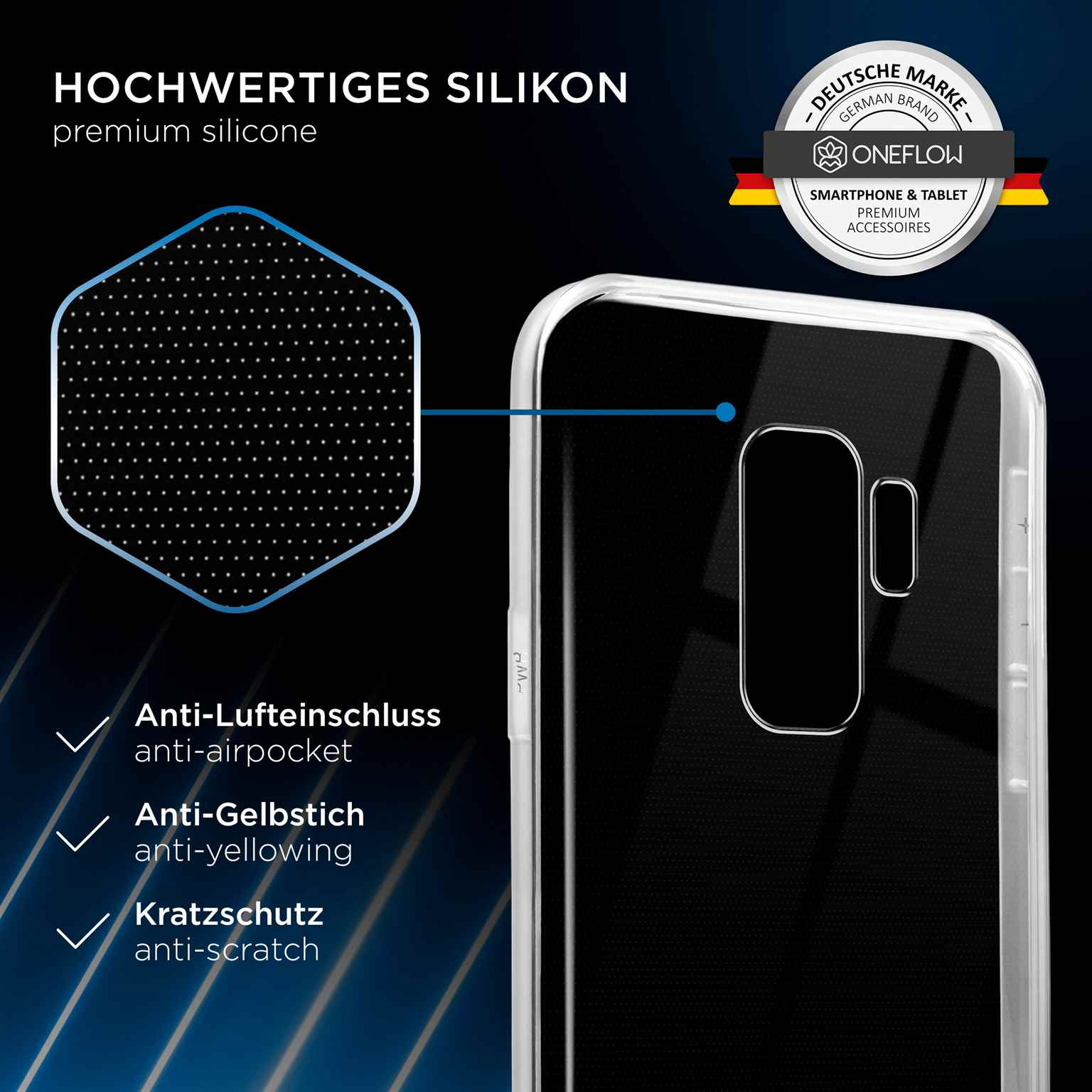 Detail einer transparenten Handyhülle. Kratzfest, vergilbungsfrei. Sechseckige Textur.