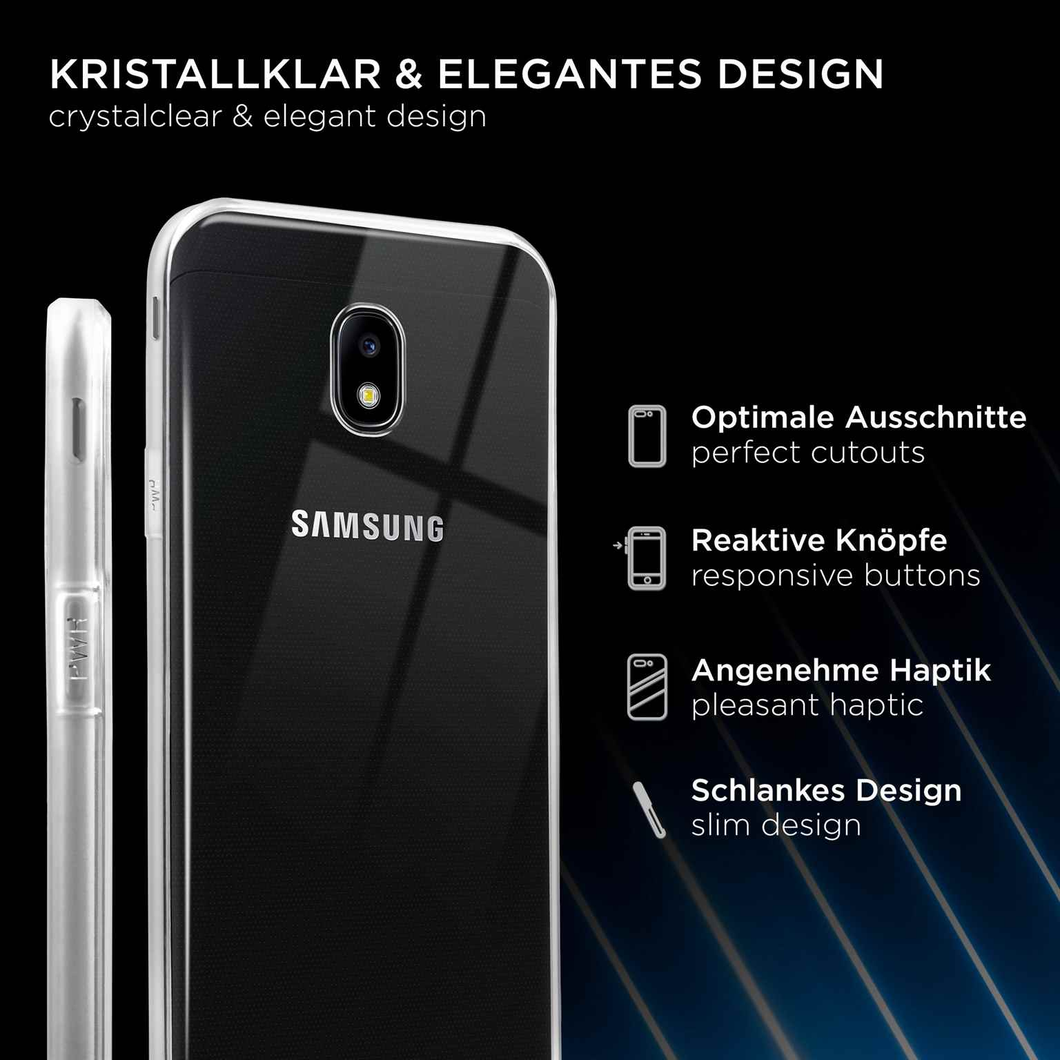 Eine transparente Handyhülle mit einem schwarzen Telefon darin. Text sagt 'Samsung' und 'kristallklares & elegantes Design'.