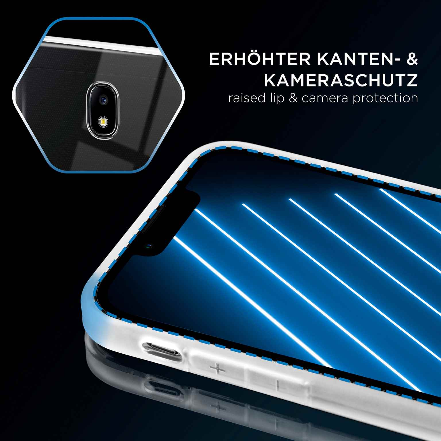 Handyhülle mit Telefon im Inneren. Eine Nahaufnahme zeigt den Kameraschutz.