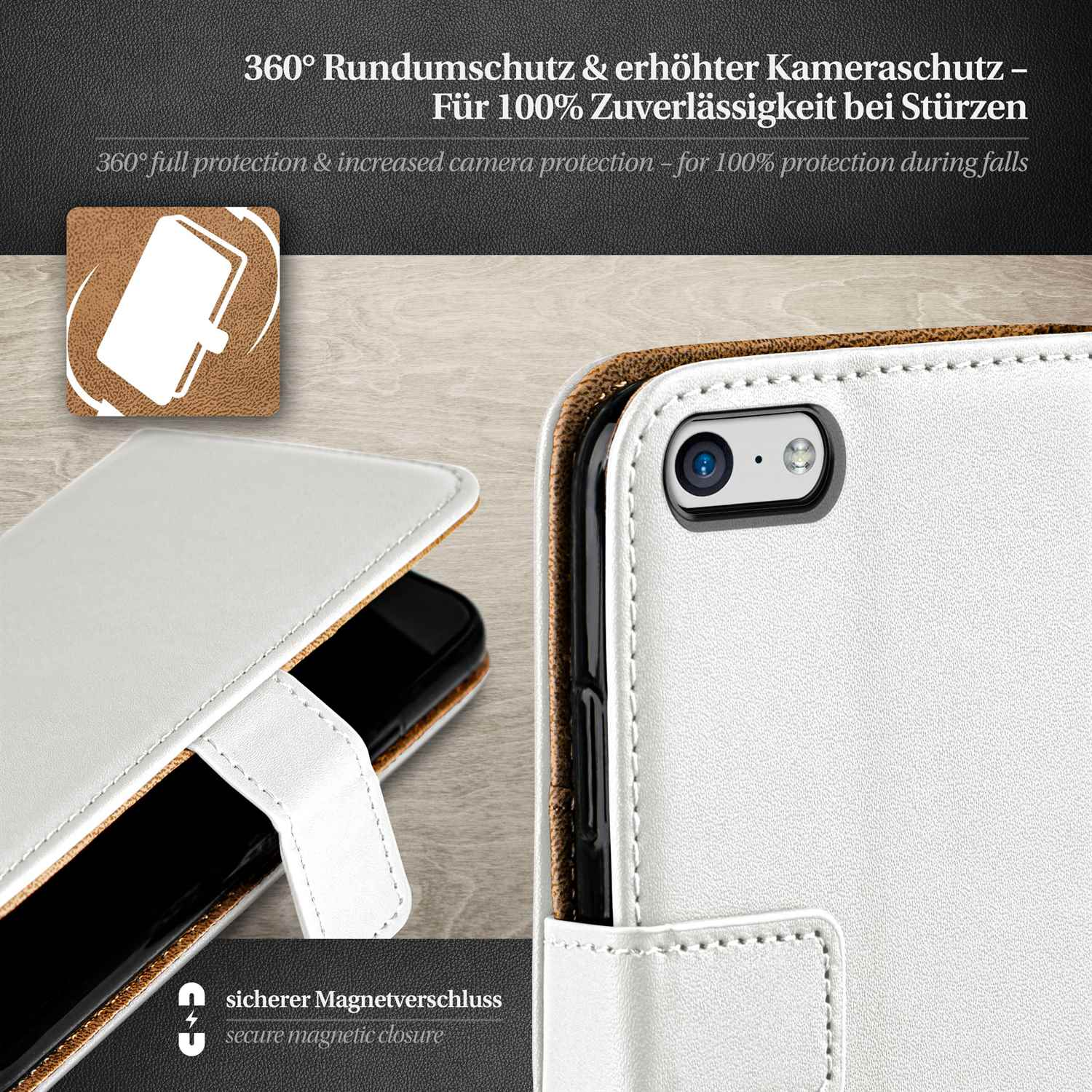 Weißes Handycase mit Telefon, Text über Schutz. Das Case hat einen Magnetverschluss.