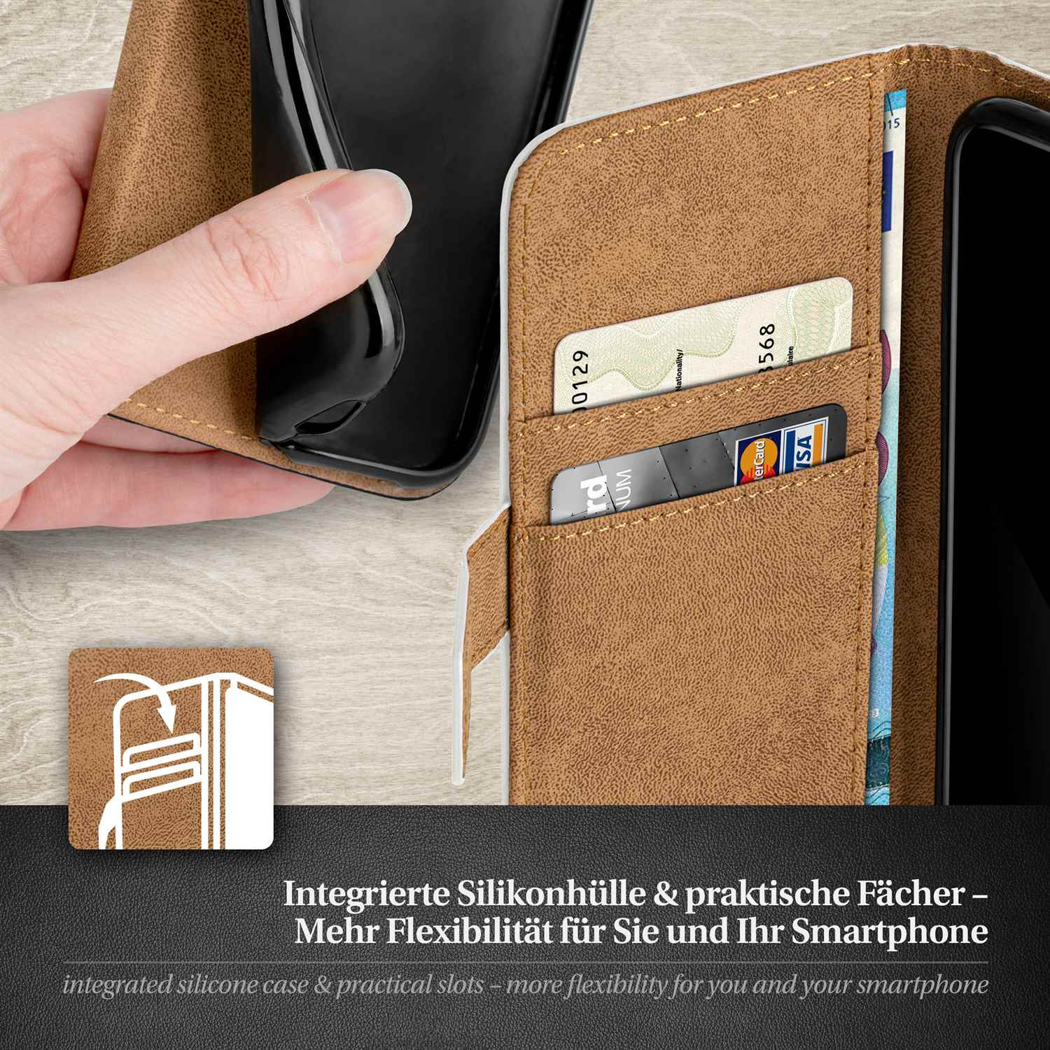 Telefonhülle mit braunem Innenraum, der Kartenfächer und ein Telefon zeigt. Eine Hand ist zu sehen.