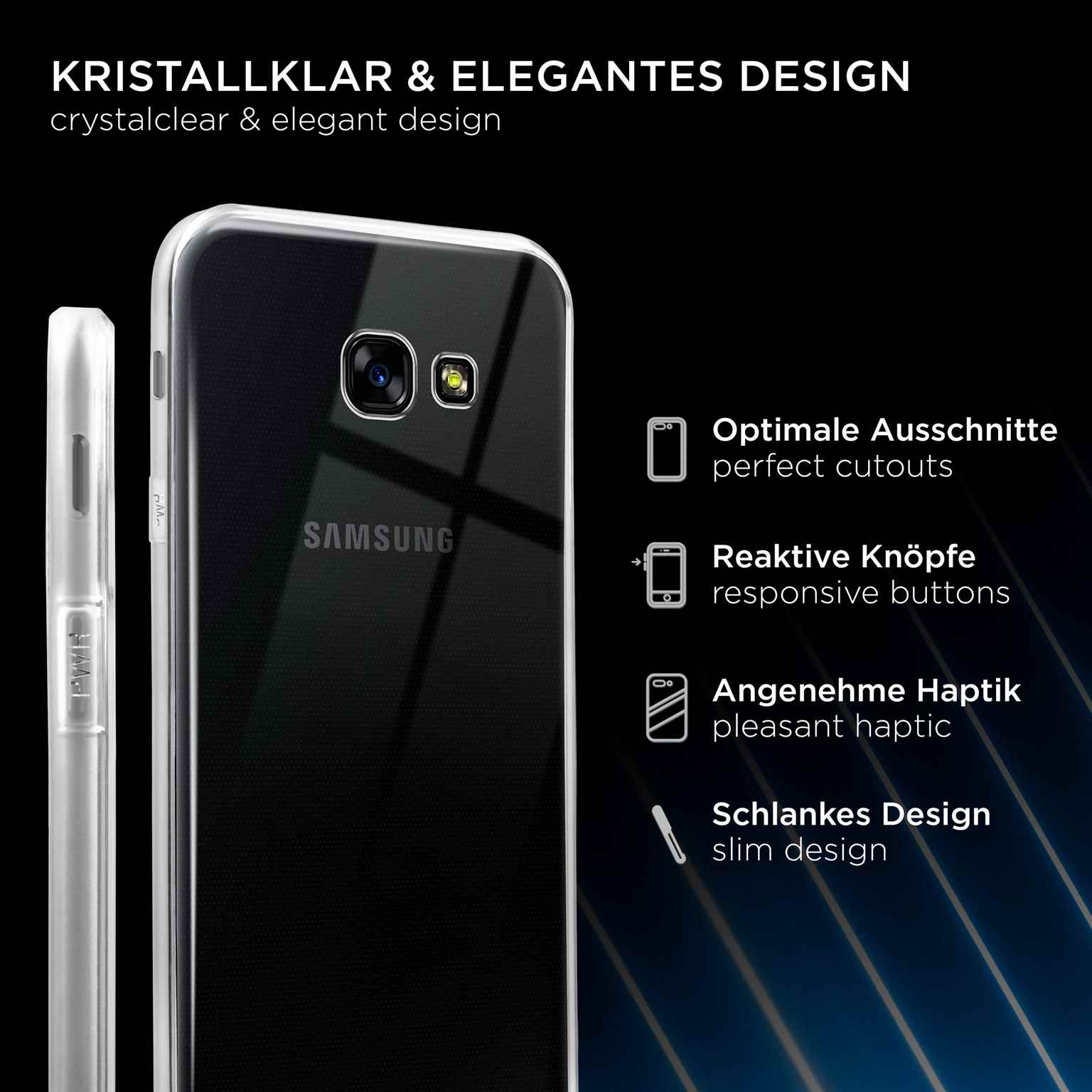 Eine Handyhülle, die ein Telefon darin zeigt, mit dem Samsung-Logo und Text über das Design.