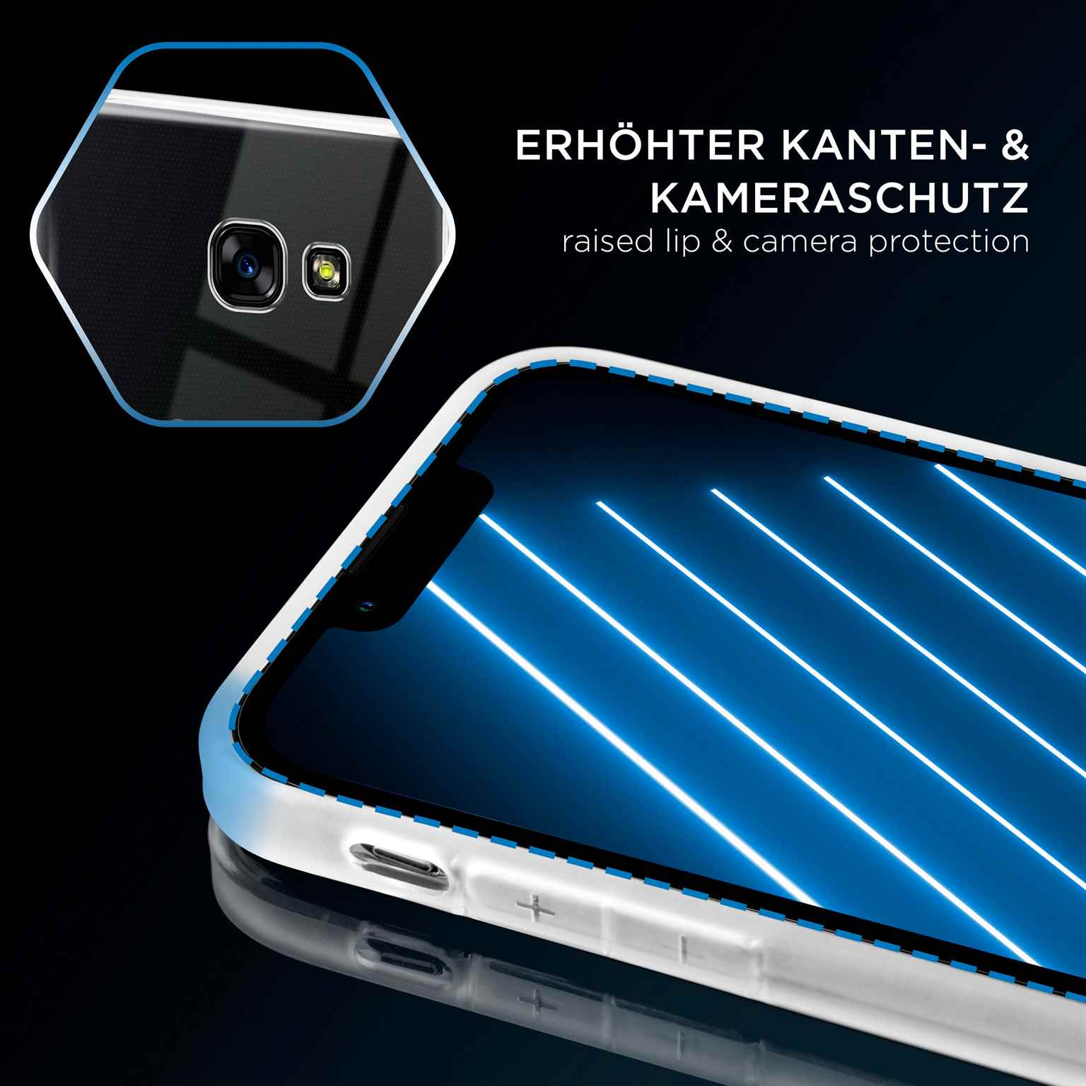 Ein Telefon in einer transparenten Hülle mit blauen Neonlinien auf dem Bildschirm und erhöhtem Rand.