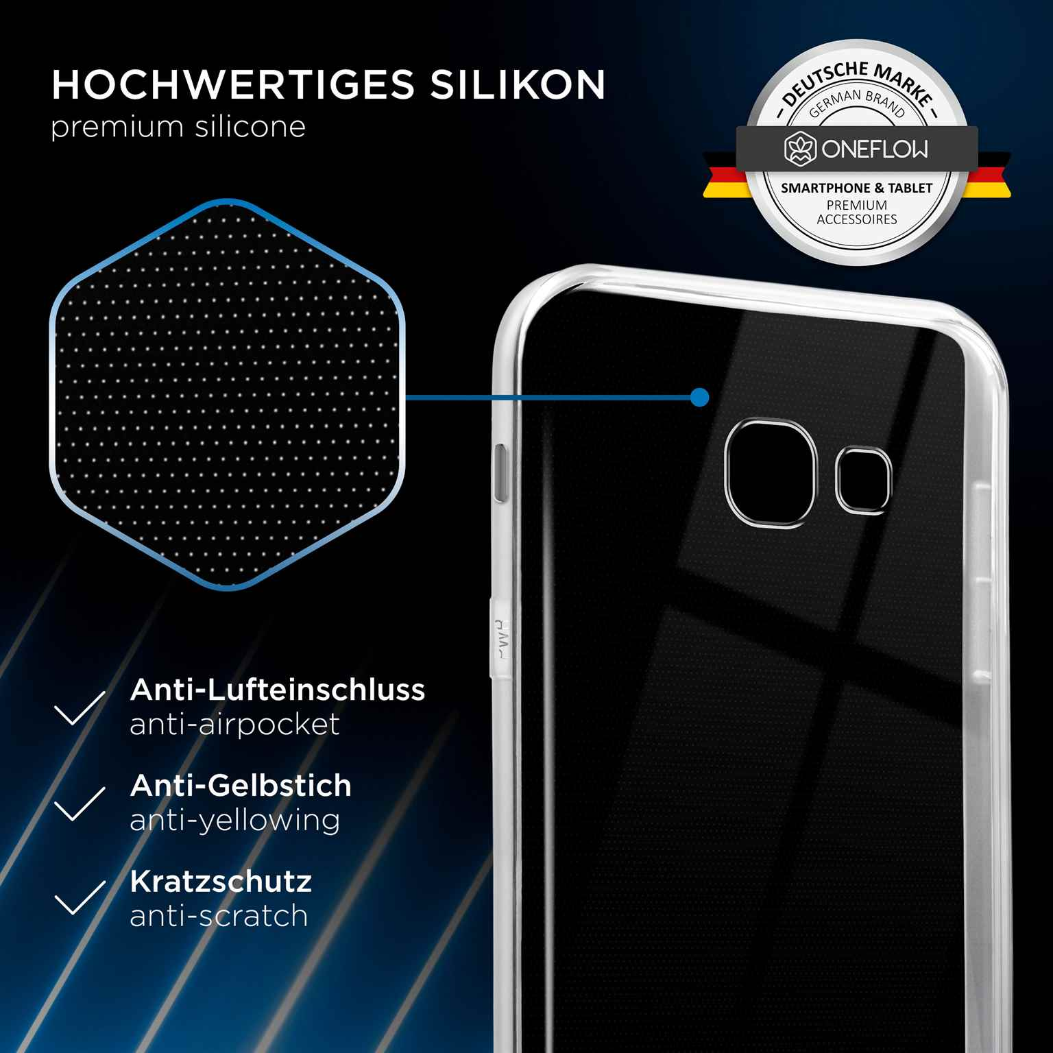 Transparente Handyhülle mit schwarzem Rahmen, Wabenmuster und Textbeschriftungen.