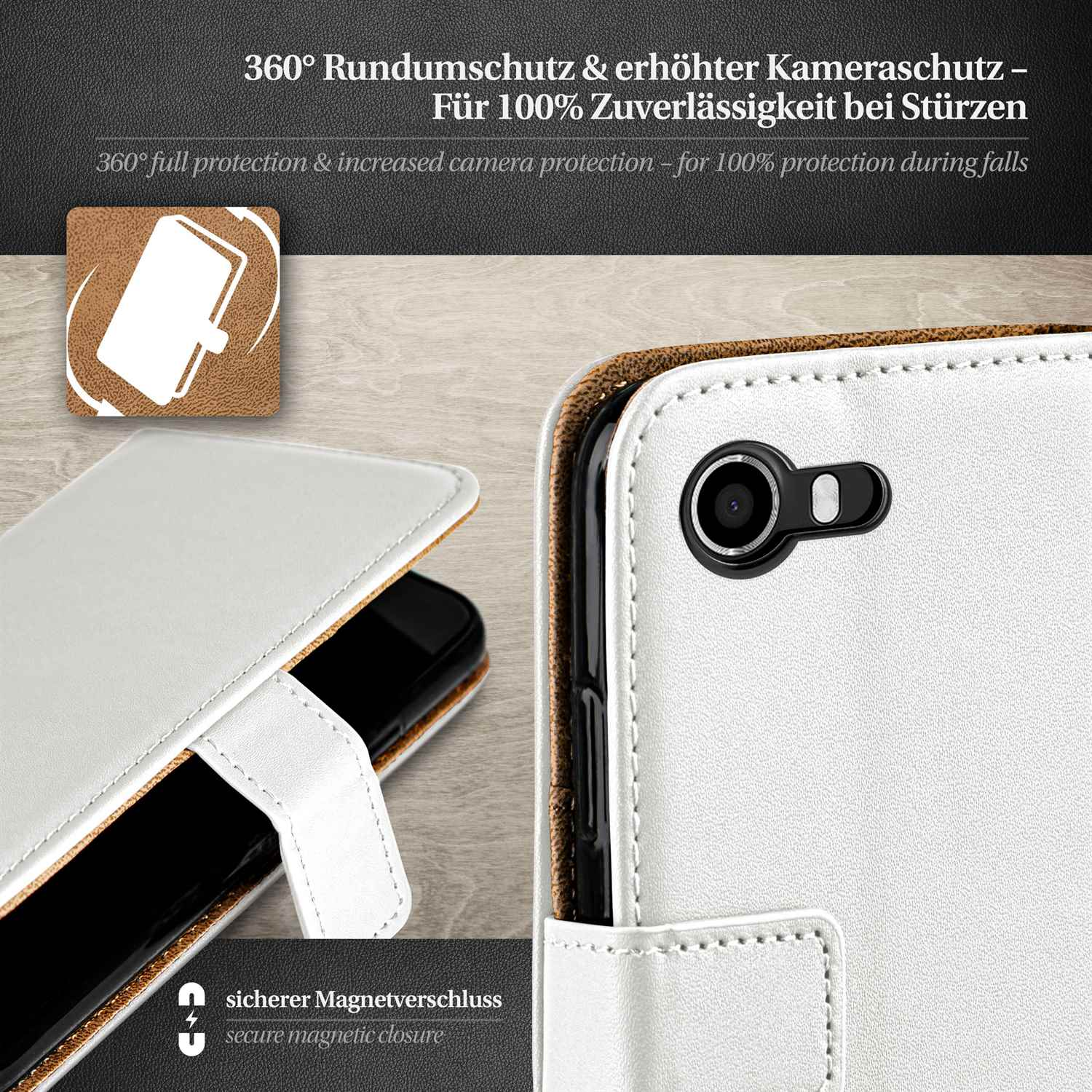 Weißes Telefongehäuse mit schwarzem Telefon darin. Text: 360° Schutz, sicherer Magnetverschluss.