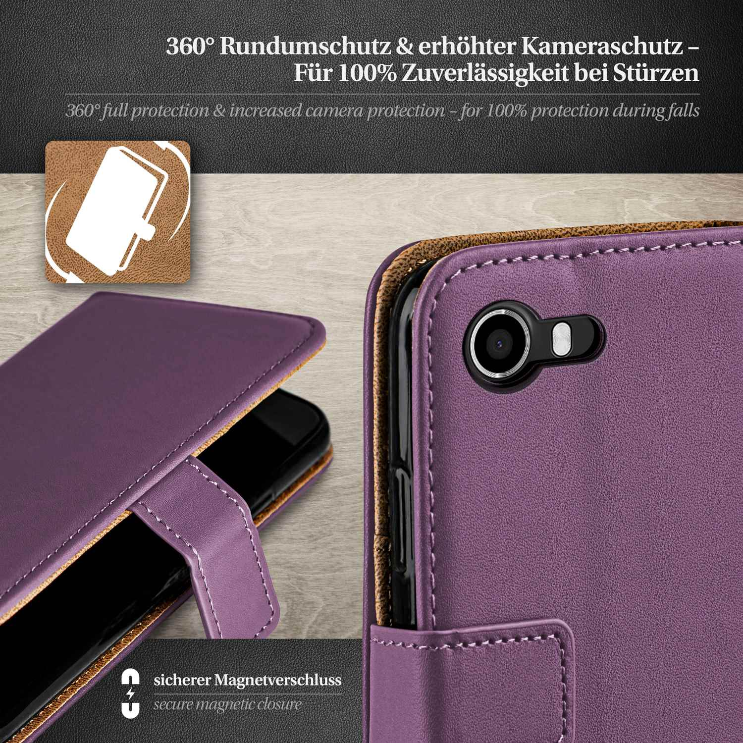 Eine lila Handyhülle mit geöffnetem Klappdeckel, die das Telefon im Inneren zeigt. Der Hintergrund ist dunkel.