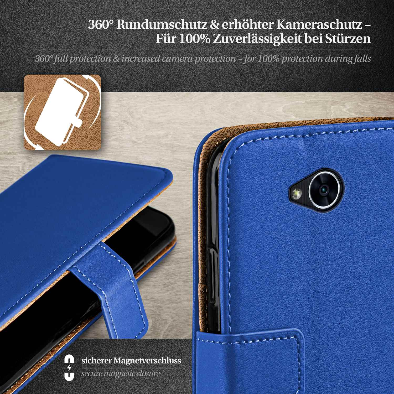 Blaue Handyhülle mit sicherem Magnetverschluss. Zeigt ein Telefon im Inneren.