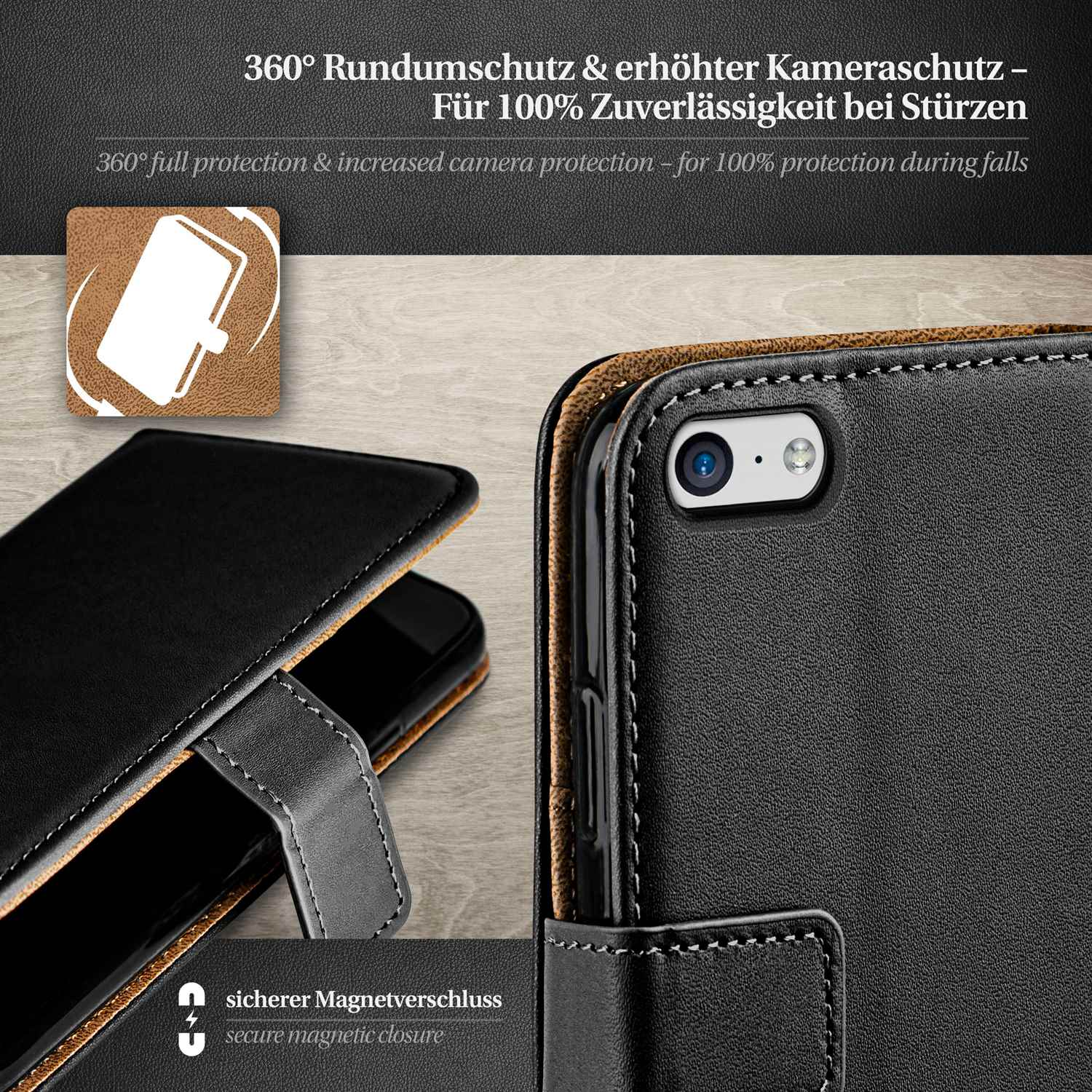 Schwarze Handyhülle mit Telefon darin, zeigt den Kamerabereich. Text: 360° Rundumschutz & erhöhter Kameraschutz.