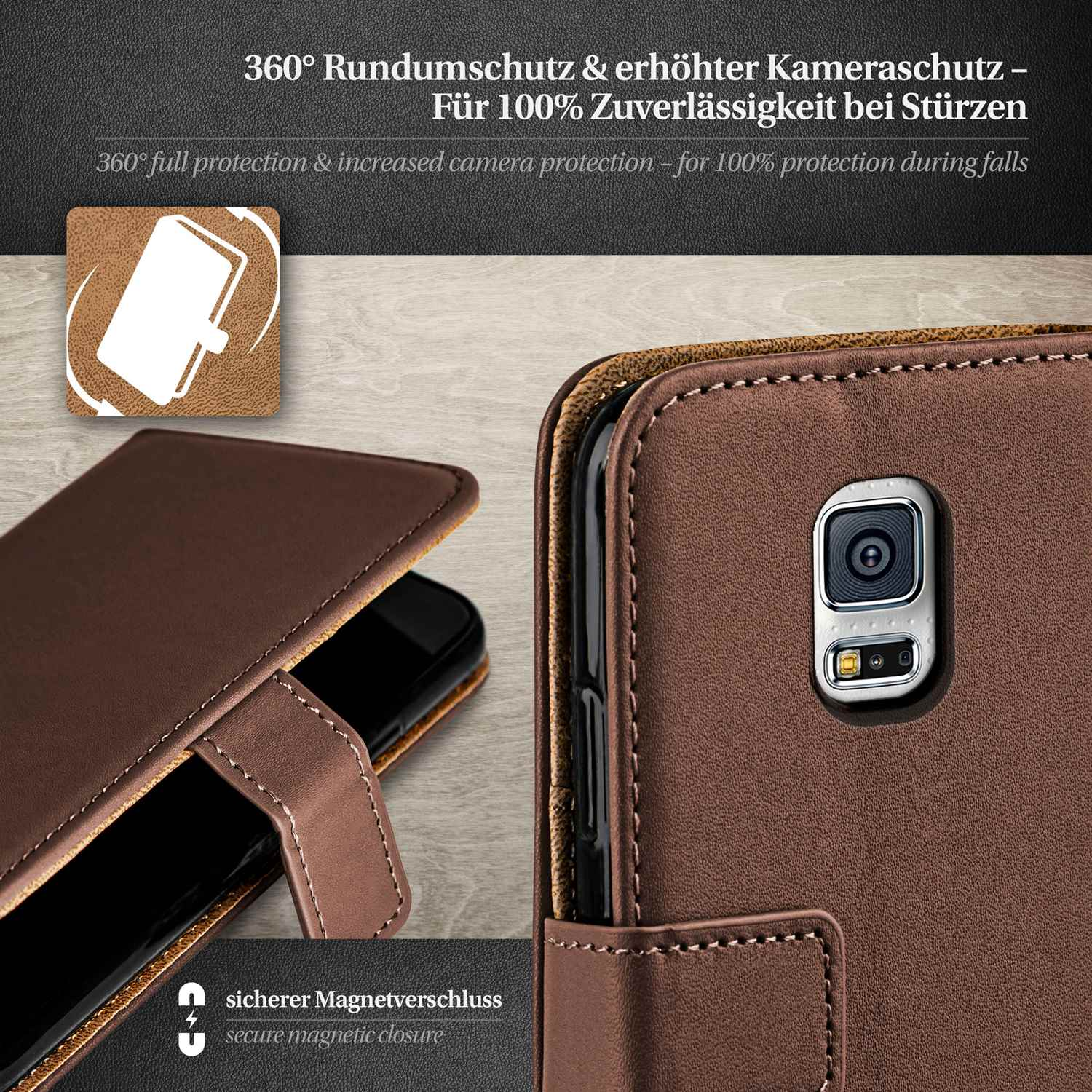 Braune Handyhülle mit 360° Schutz und Magnetverschluss. Telefon innen.