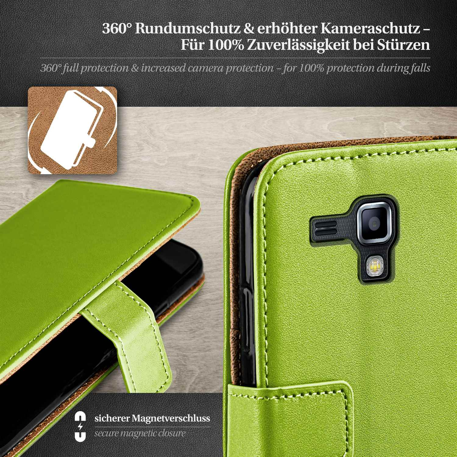 Grüne Handyhülle mit Schutzfunktionen. Die Hülle ist geöffnet und zeigt das Telefon im Inneren.