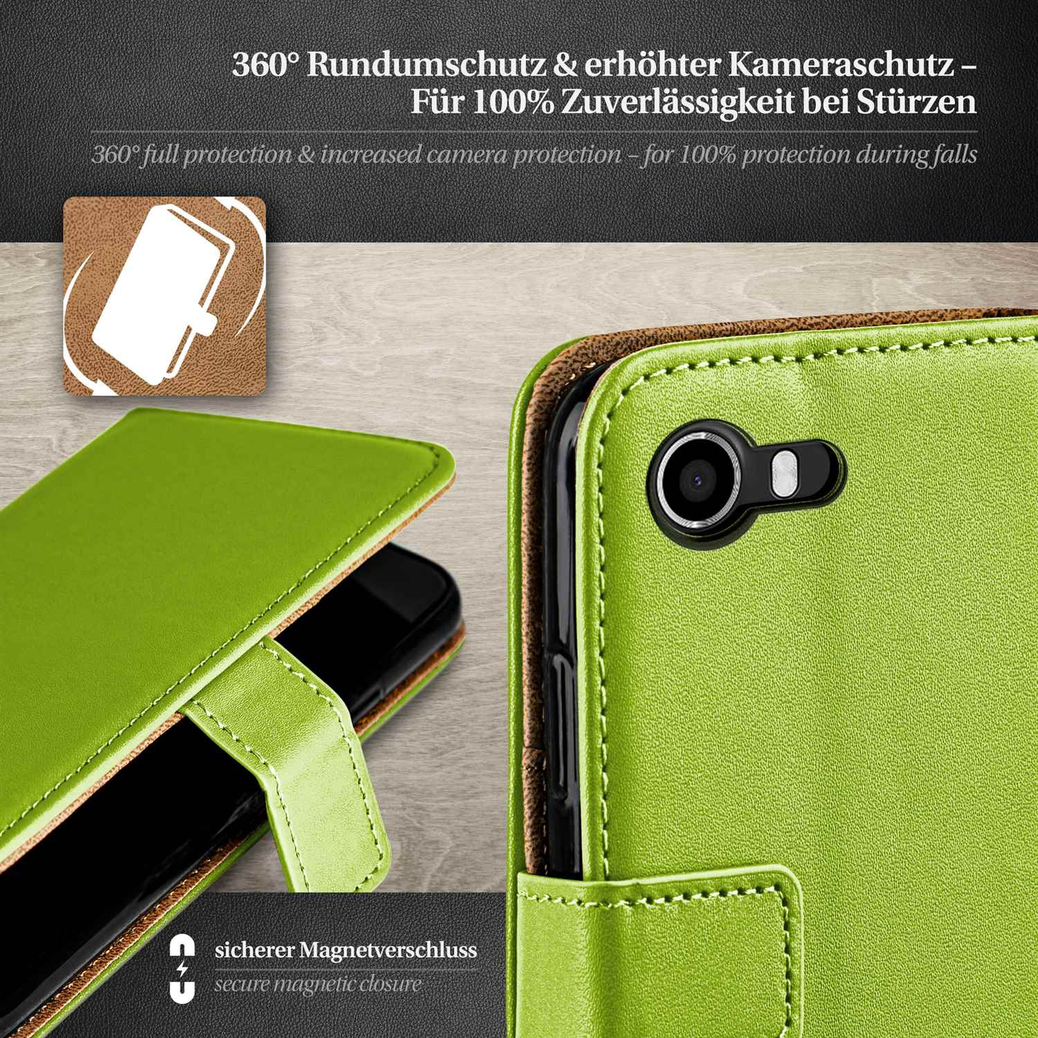 Grüne Handyhülle mit Telefon darin, zeigt Kamerabereich. Text: 360° Rundumschutz & erhöhter Kameraschutz.