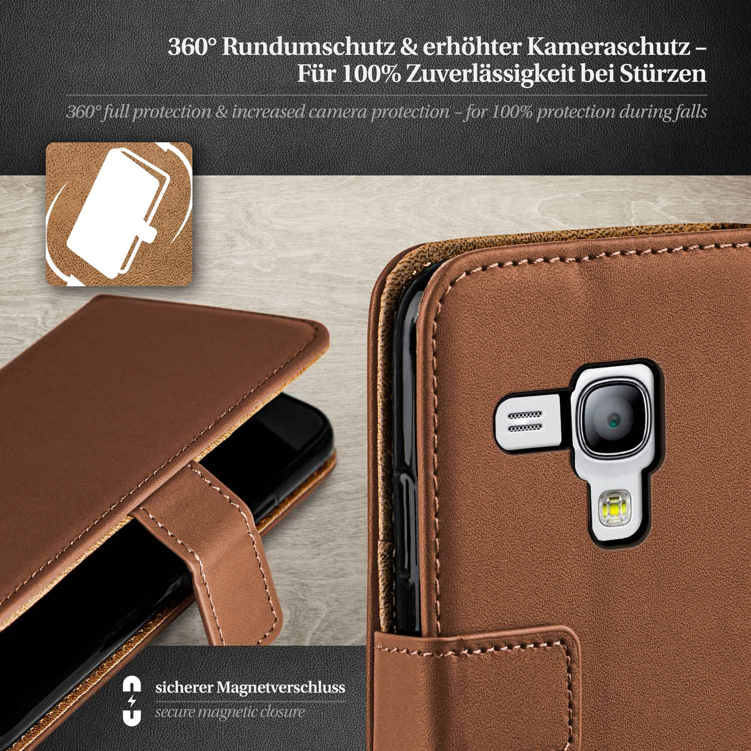 Braune Handyhülle mit Telefon darin. Kamera, Blitz und Magnetverschluss sind gezeigt.