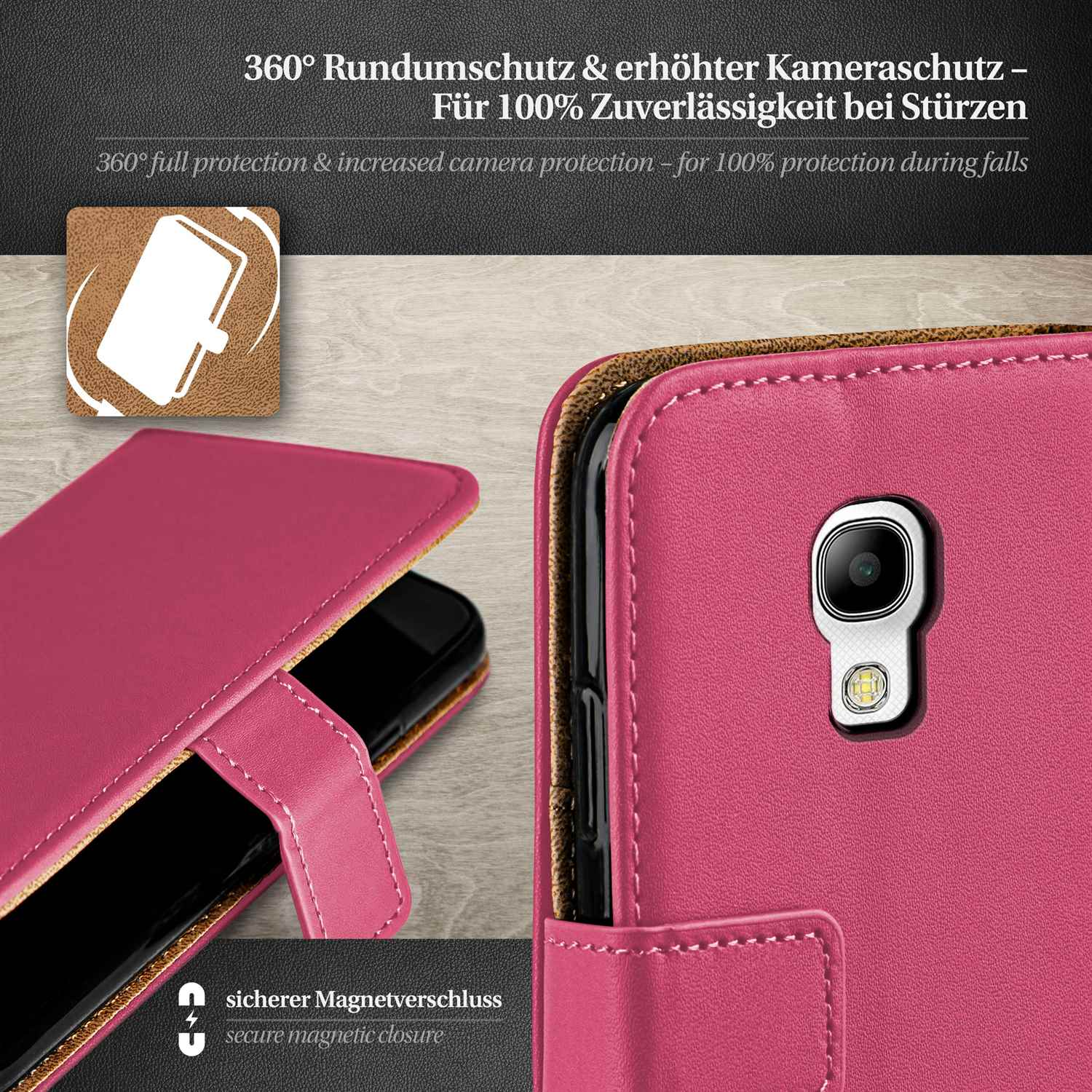Rosa Handyhülle mit Telefon darin. Zeigt einen sicheren Magnetverschluss.