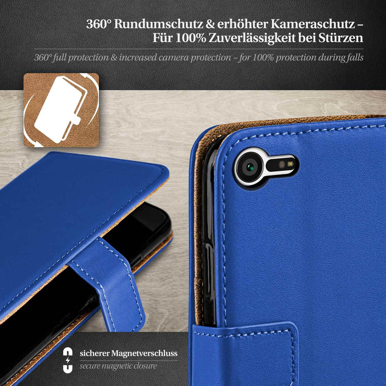 Blaue Handyhülle, geöffnet, um ein Telefon zu zeigen. Zeigt sicheren Magnetverschluss und Kameraschutz.
