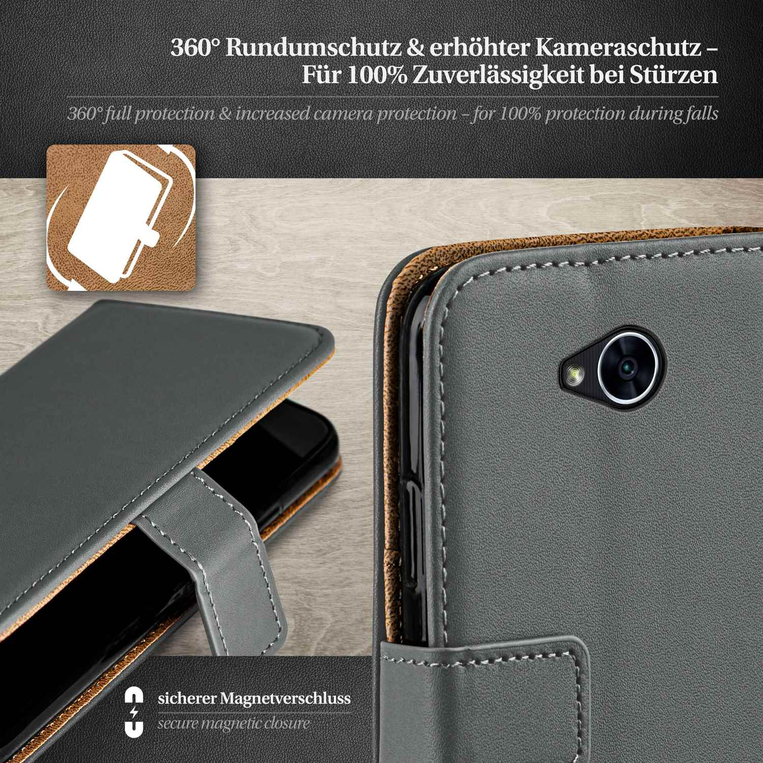 Eine graue Handyhülle, die ein Telefon zeigt. Text: 360° Schutz, sicherer Magnetverschluss.