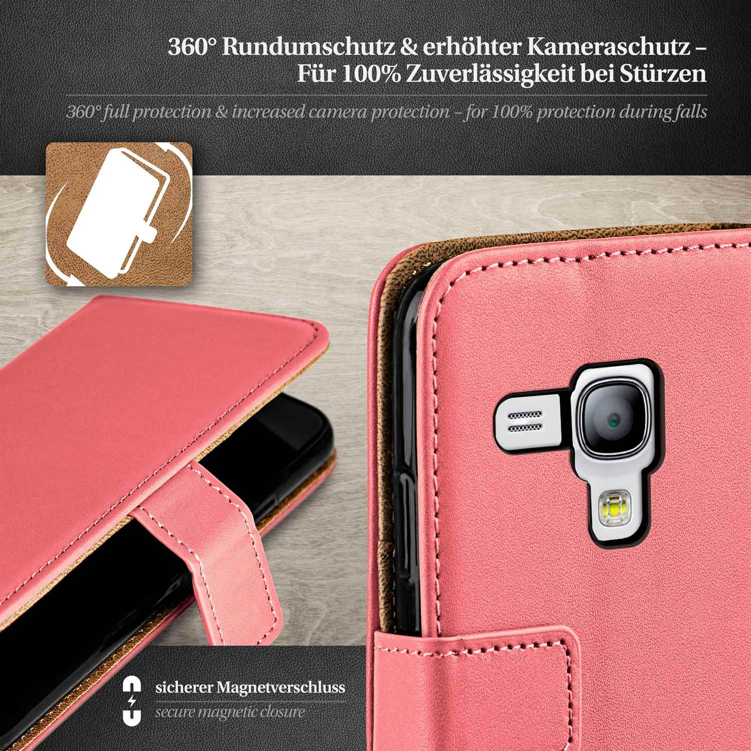 Rosa Handyhülle mit Telefon. Nahaufnahme Kamera, Deckel und Magnetverschluss.